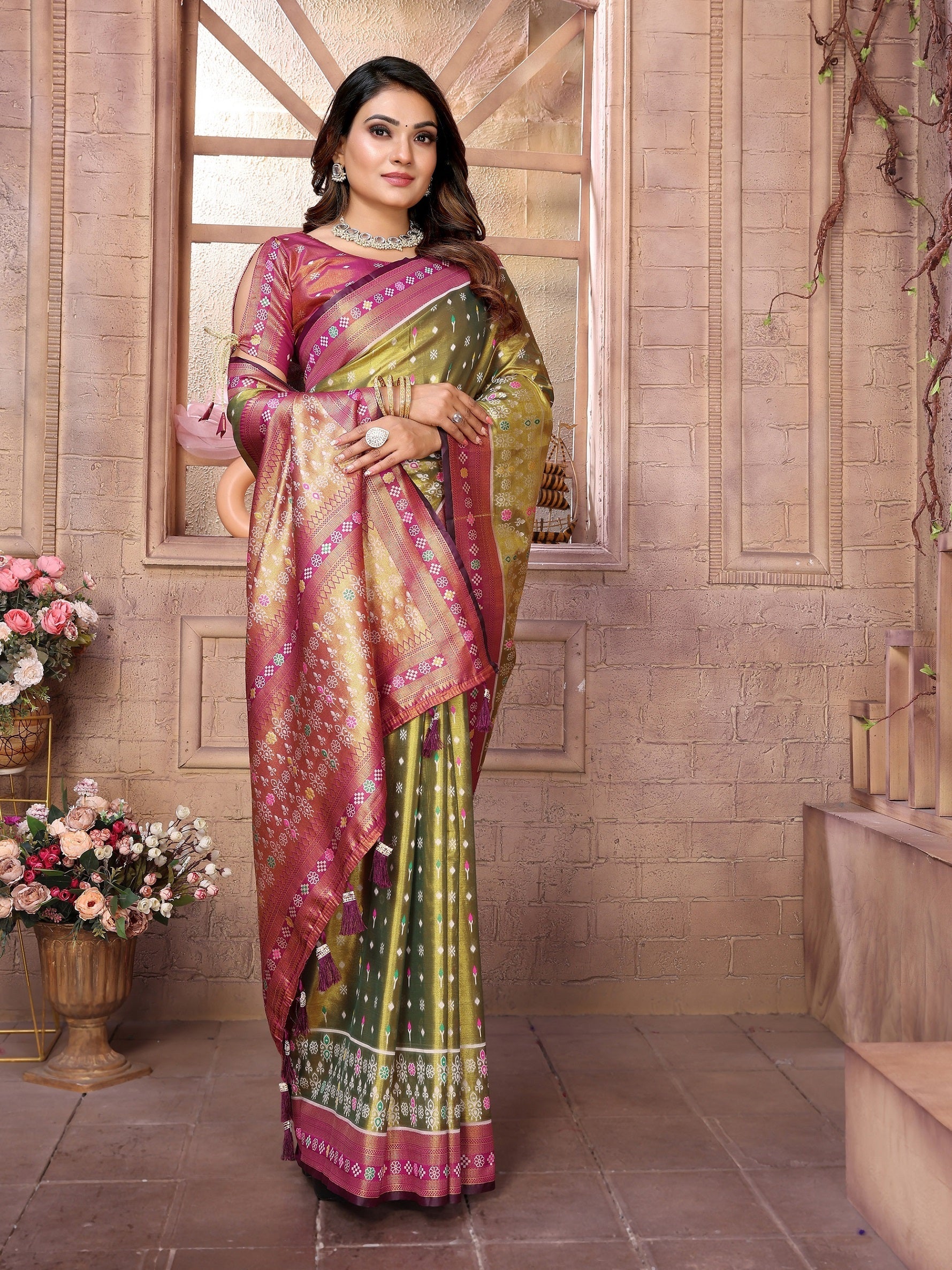 Vedant Vastram Tissue Silk Patola Design Kanjeevaram Silk Saree - Olive
