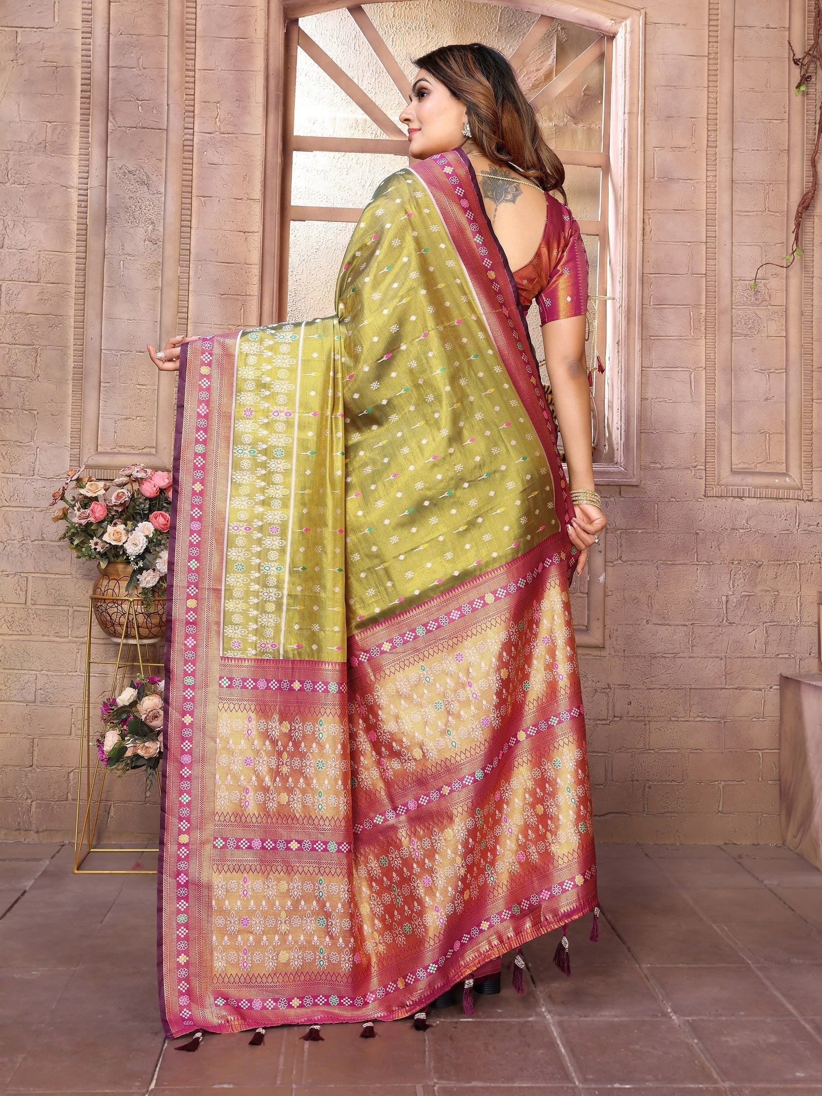 Vedant Vastram Tissue Silk Patola Design Kanjeevaram Silk Saree - Olive