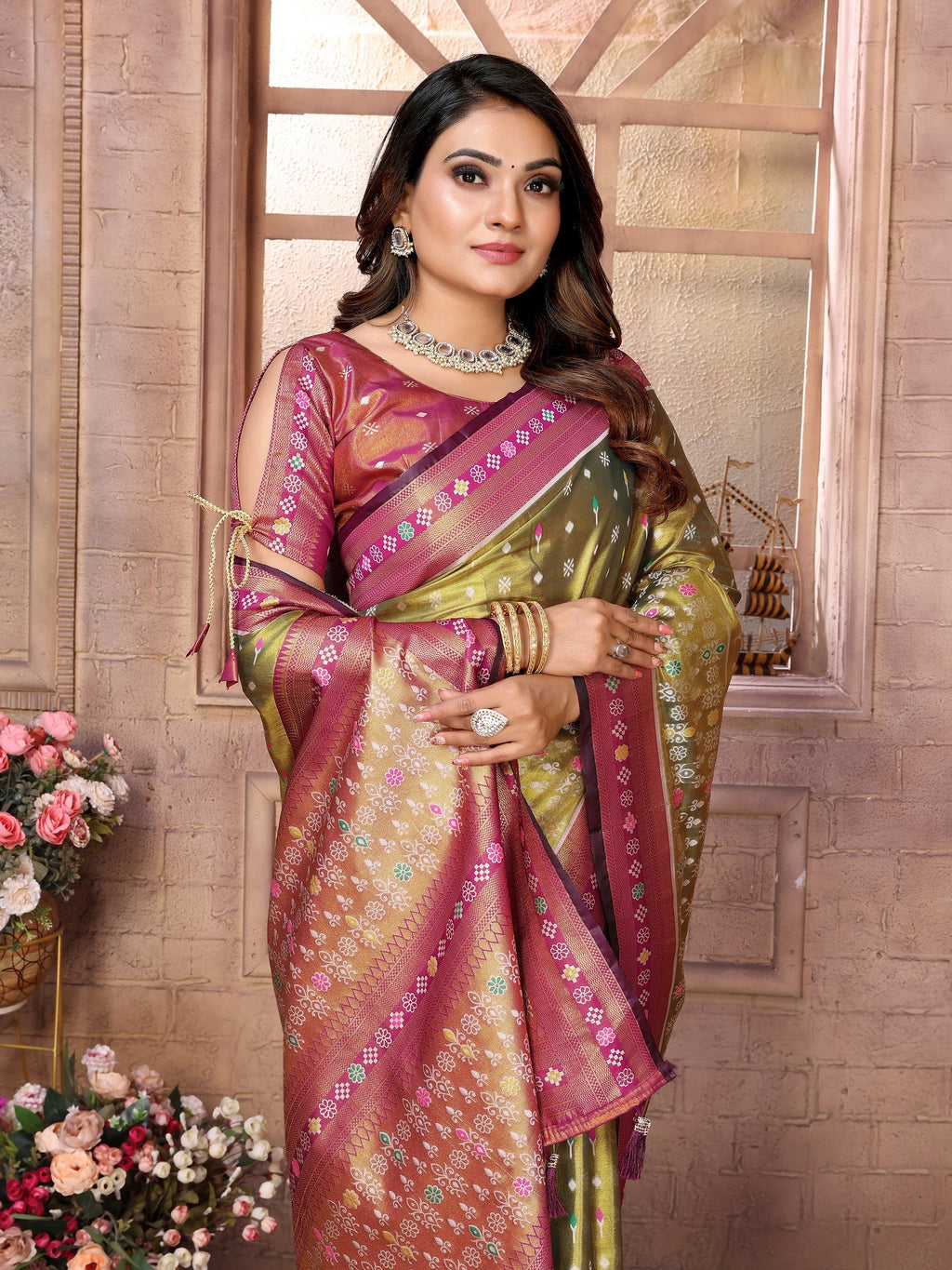 Vedant Vastram Tissue Silk Patola Design Kanjeevaram Silk Saree - Olive
