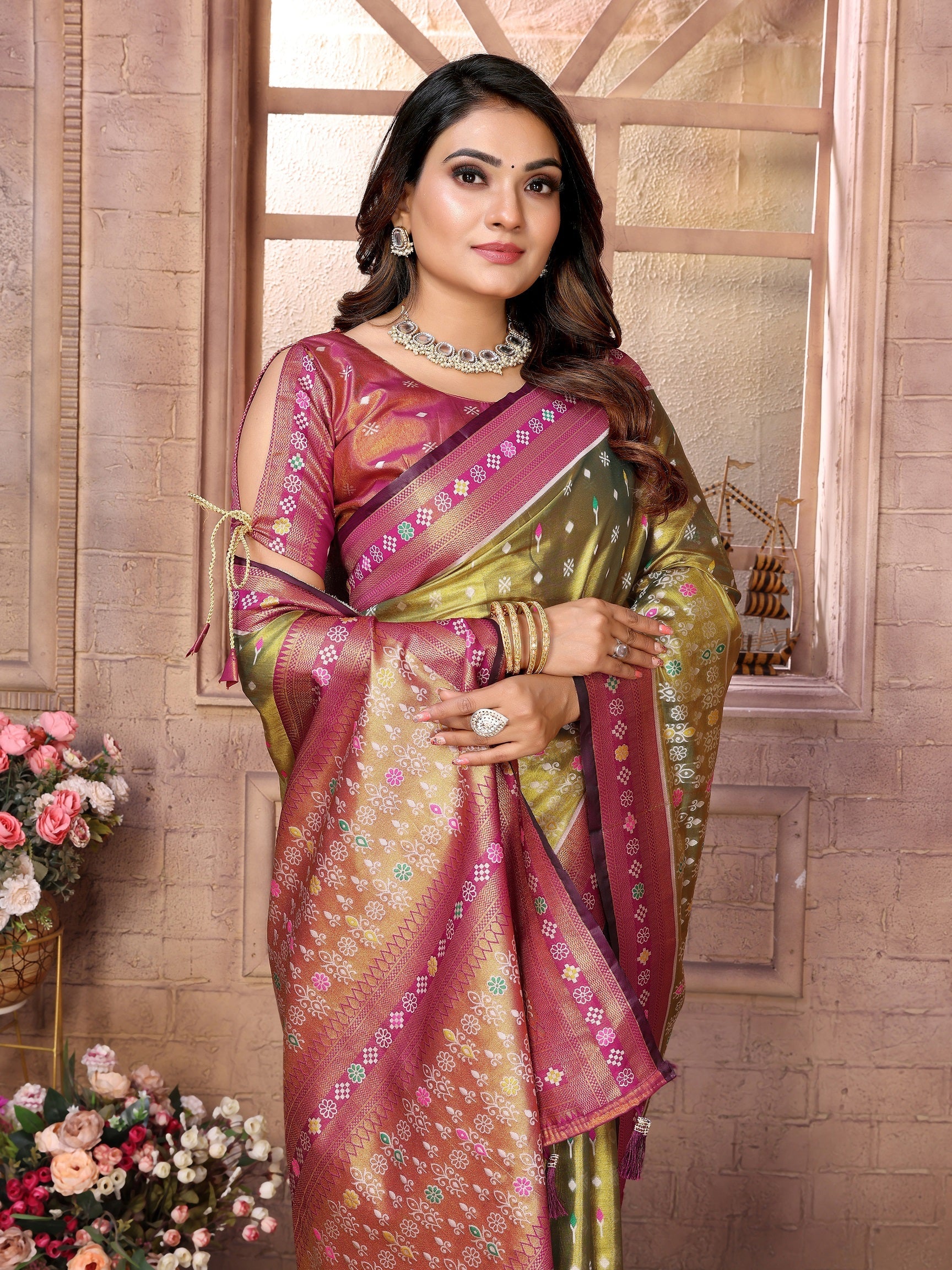 Vedant Vastram Tissue Silk Patola Design Kanjeevaram Silk Saree - Olive