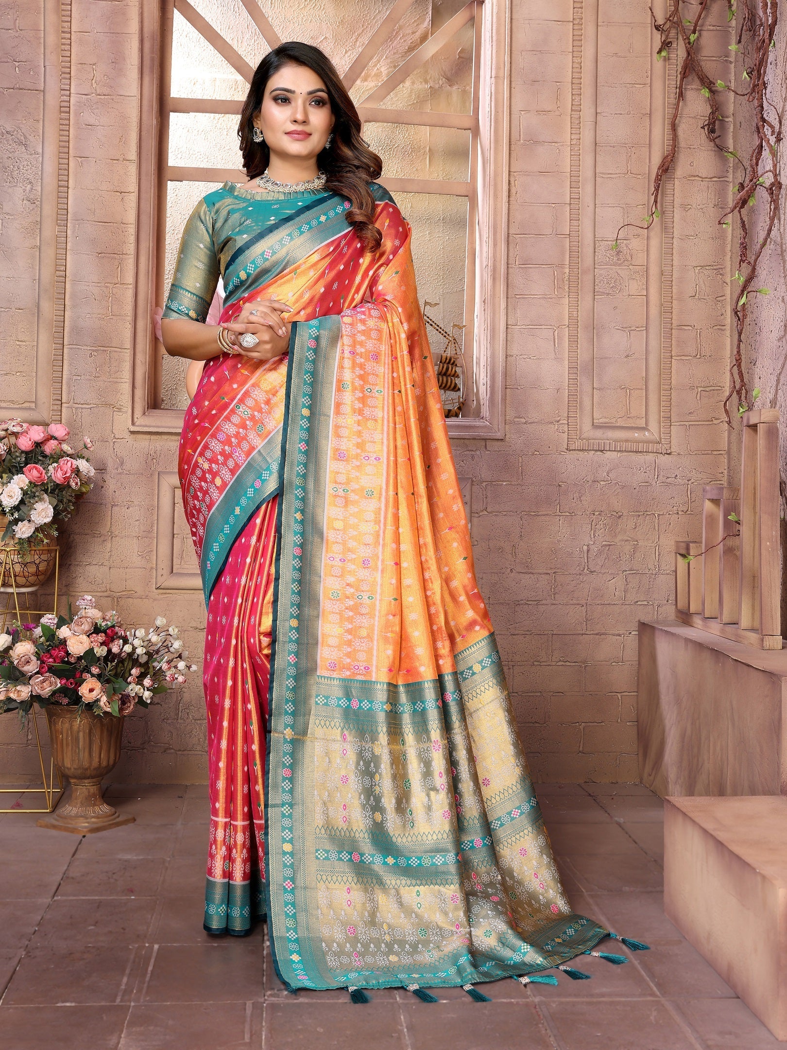 Vedant Vastram Tissue Silk Patola Design Kanjeevaram Silk Saree - Orange