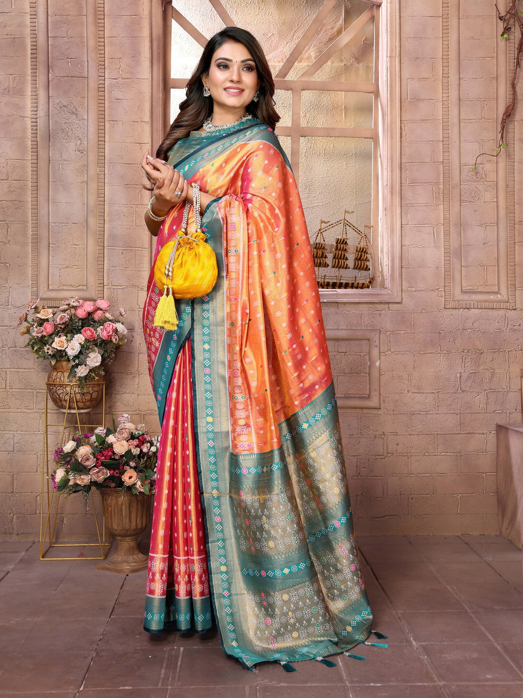 Vedant Vastram Tissue Silk Patola Design Kanjeevaram Silk Saree - Orange