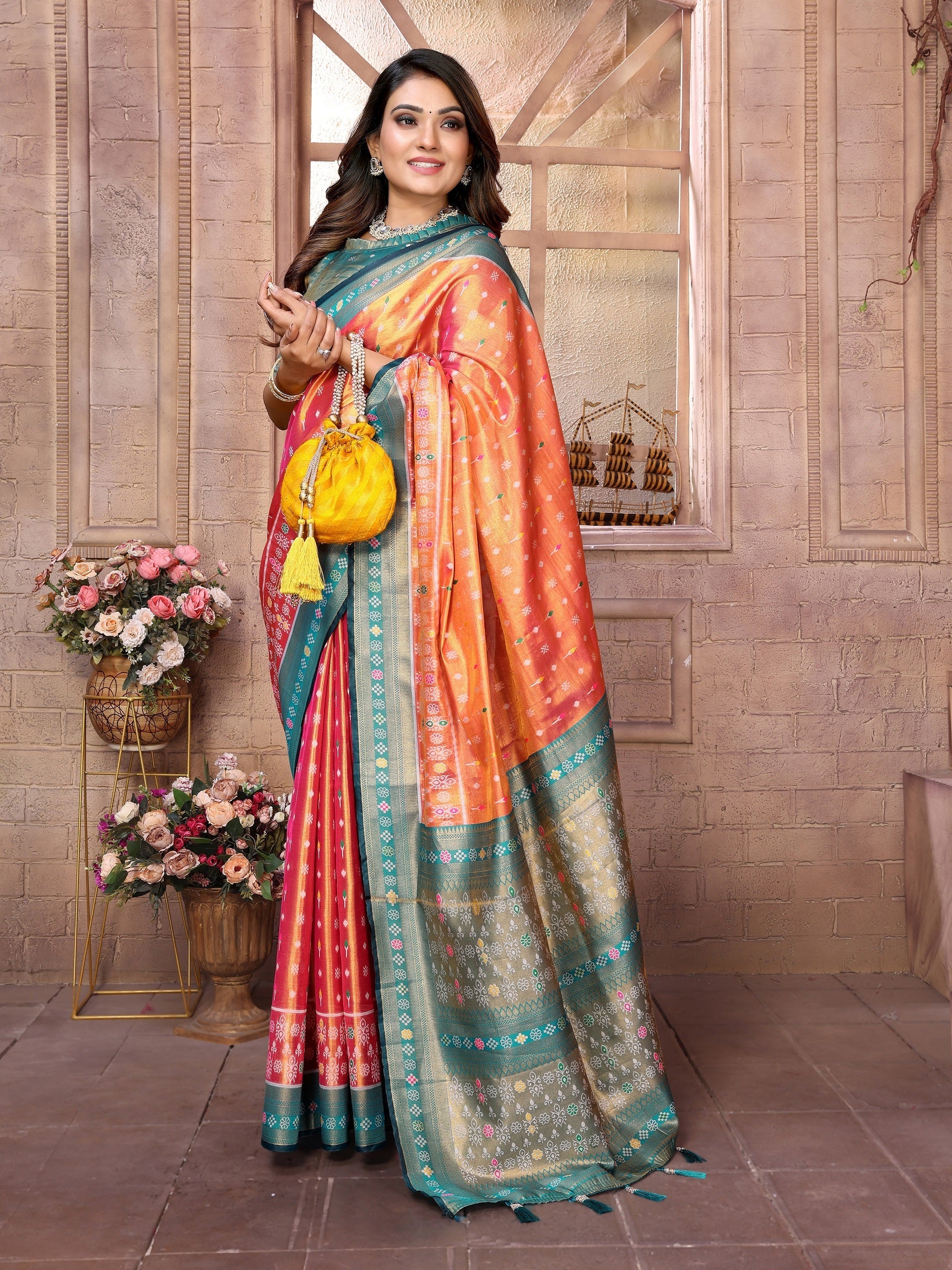 Vedant Vastram Tissue Silk Patola Design Kanjeevaram Silk Saree - Orange