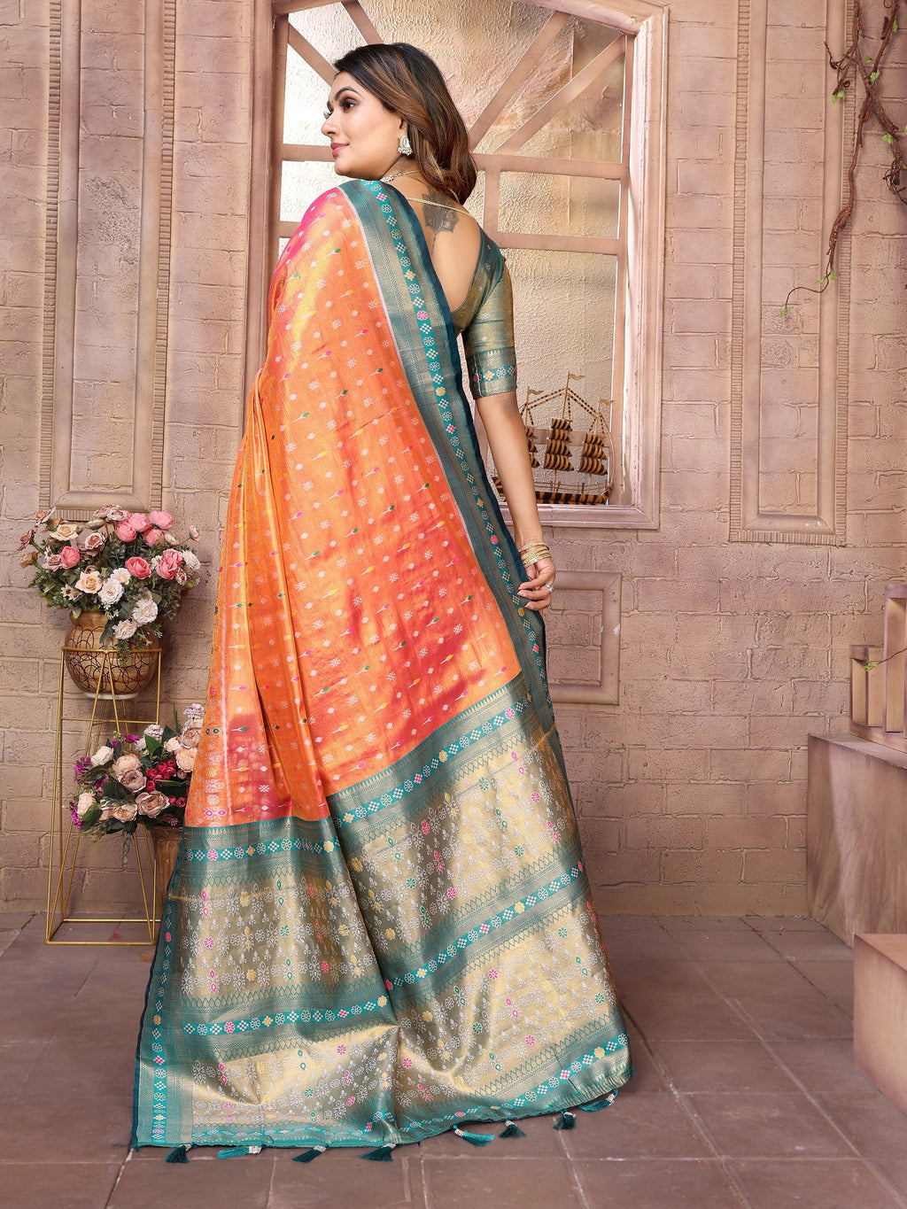 Vedant Vastram Tissue Silk Patola Design Kanjeevaram Silk Saree - Orange