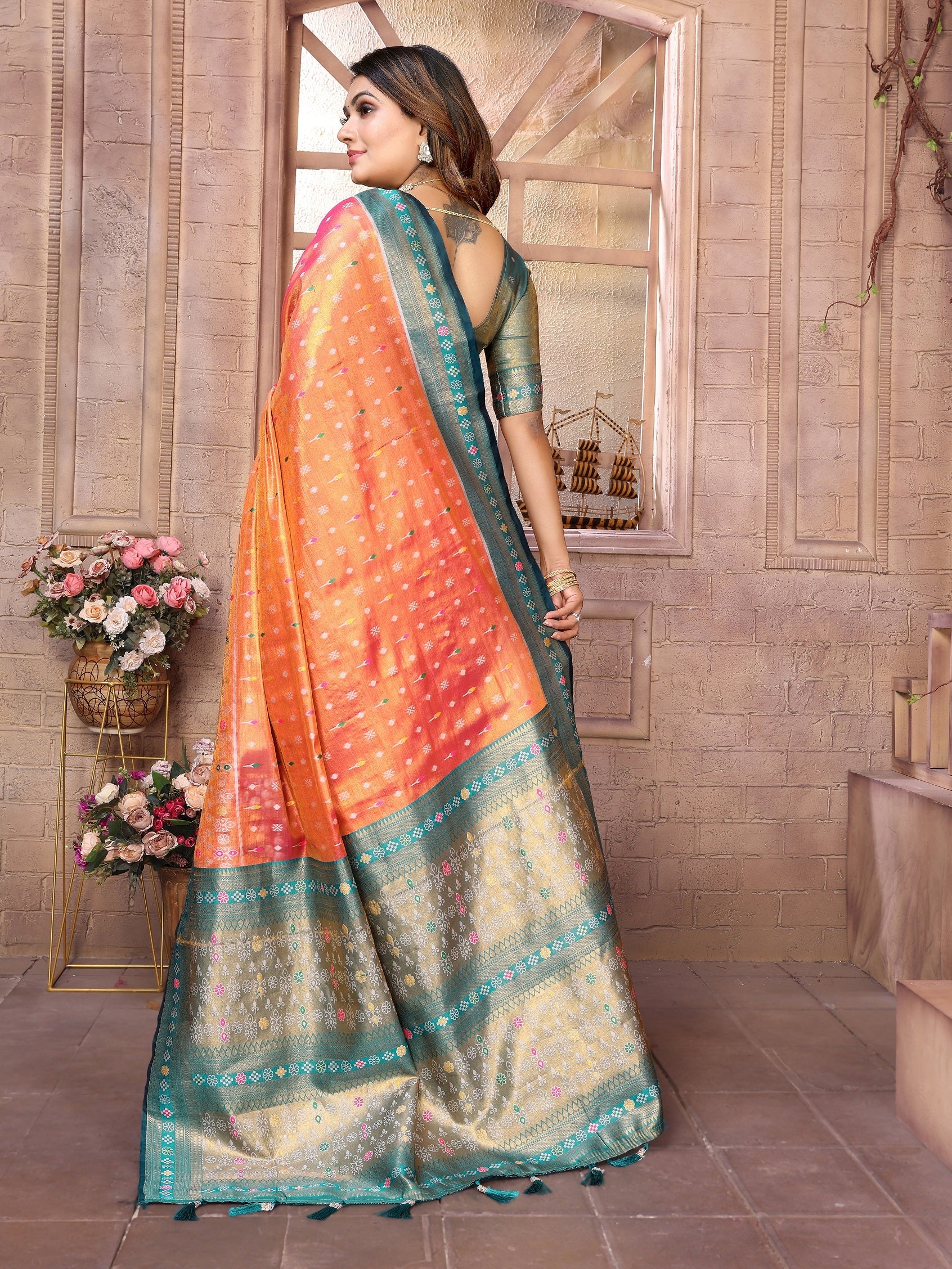 Vedant Vastram Tissue Silk Patola Design Kanjeevaram Silk Saree - Orange