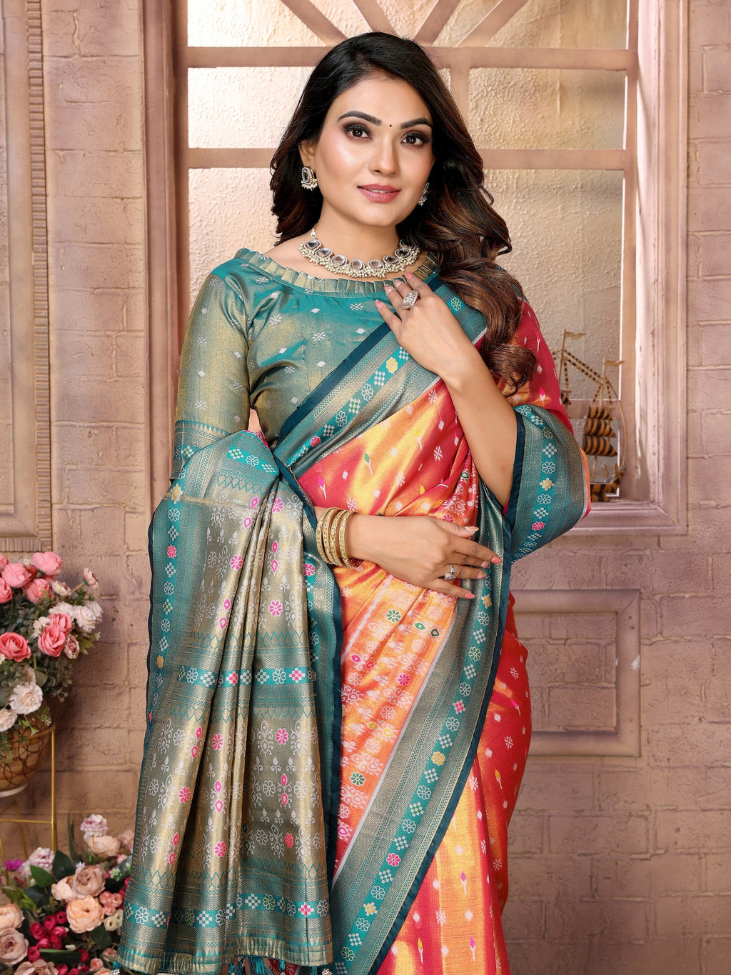 Vedant Vastram Tissue Silk Patola Design Kanjeevaram Silk Saree - Orange