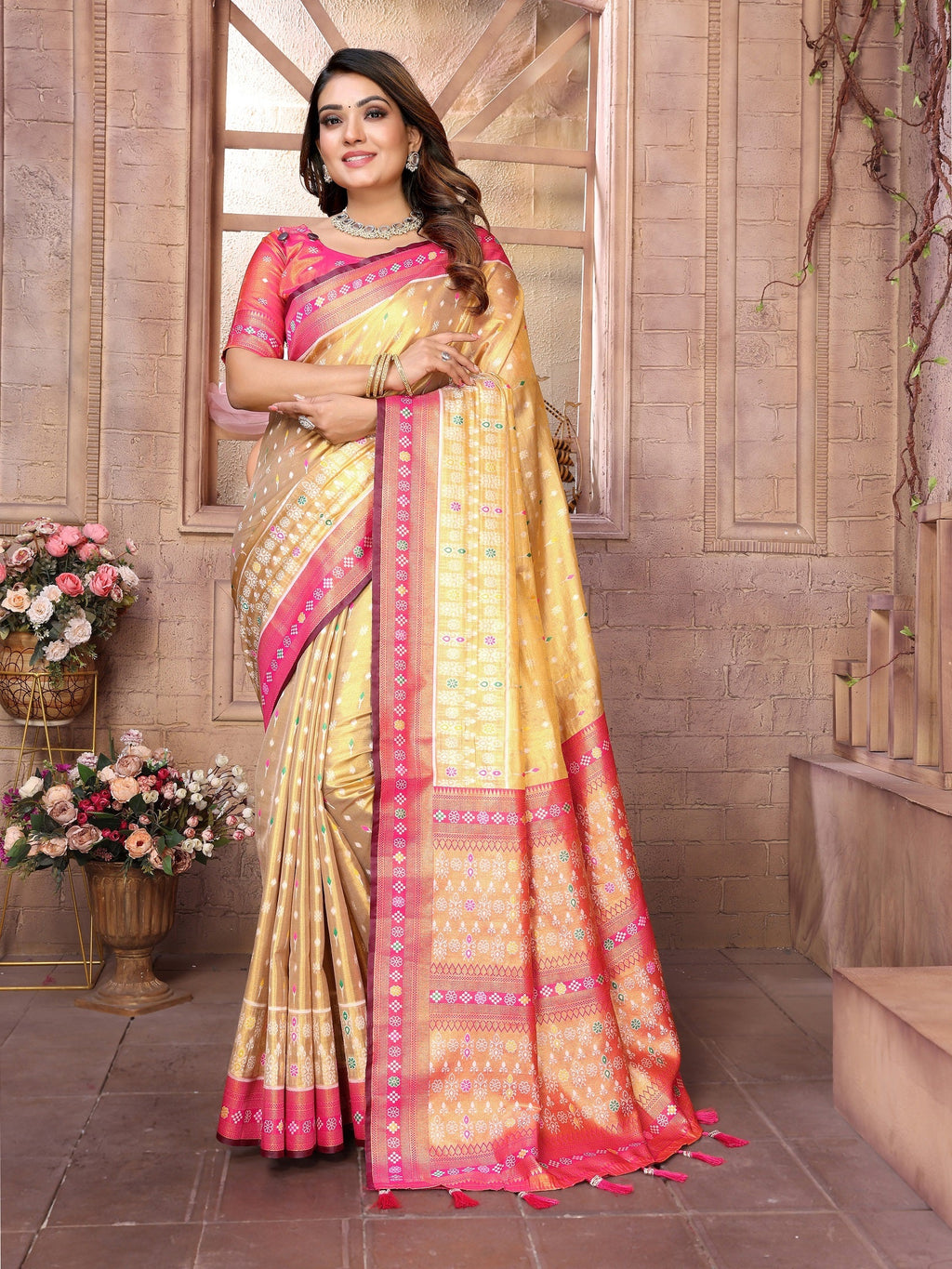 Vedant Vastram Tissue Silk Patola Design Kanjeevaram Silk Saree - Pink