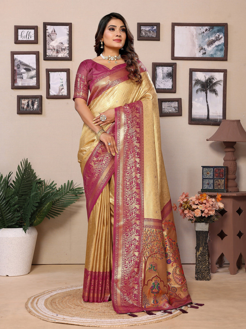 Vedant Vastram Tissue Silk Paithani Silk Saree - Beige