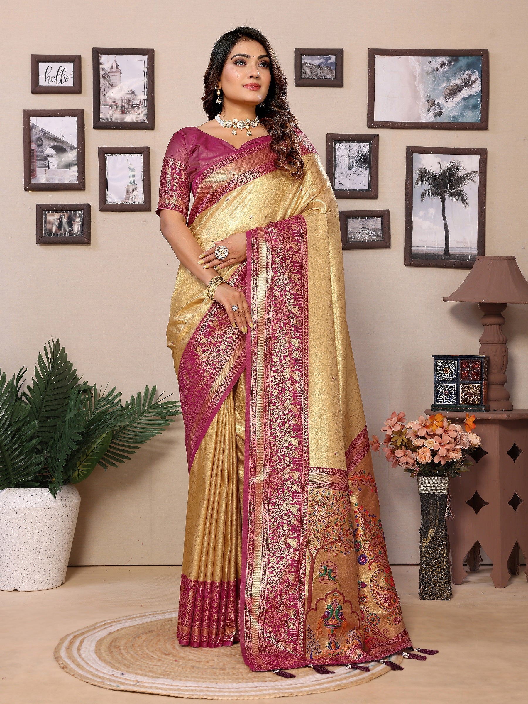Vedant Vastram Tissue Silk Paithani Silk Saree - Beige
