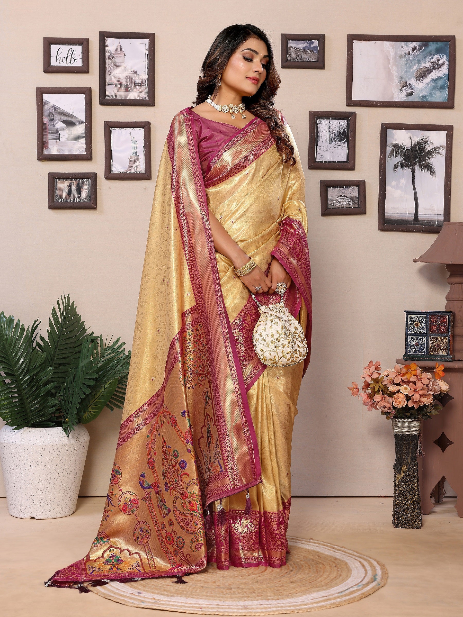 Vedant Vastram Tissue Silk Paithani Silk Saree - Beige