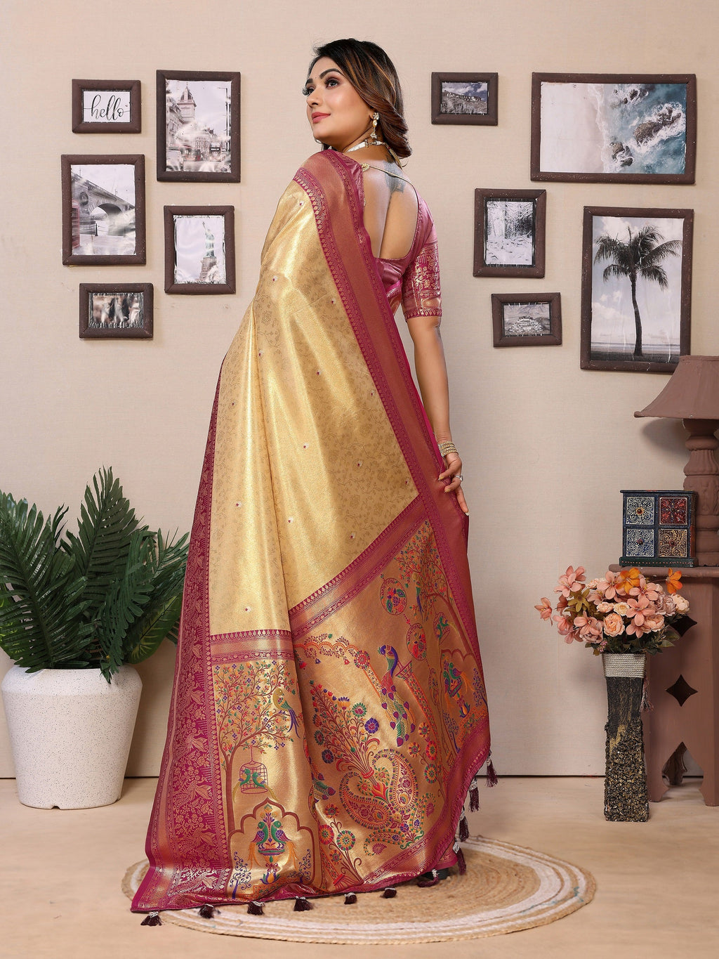Vedant Vastram Tissue Silk Paithani Silk Saree - Beige