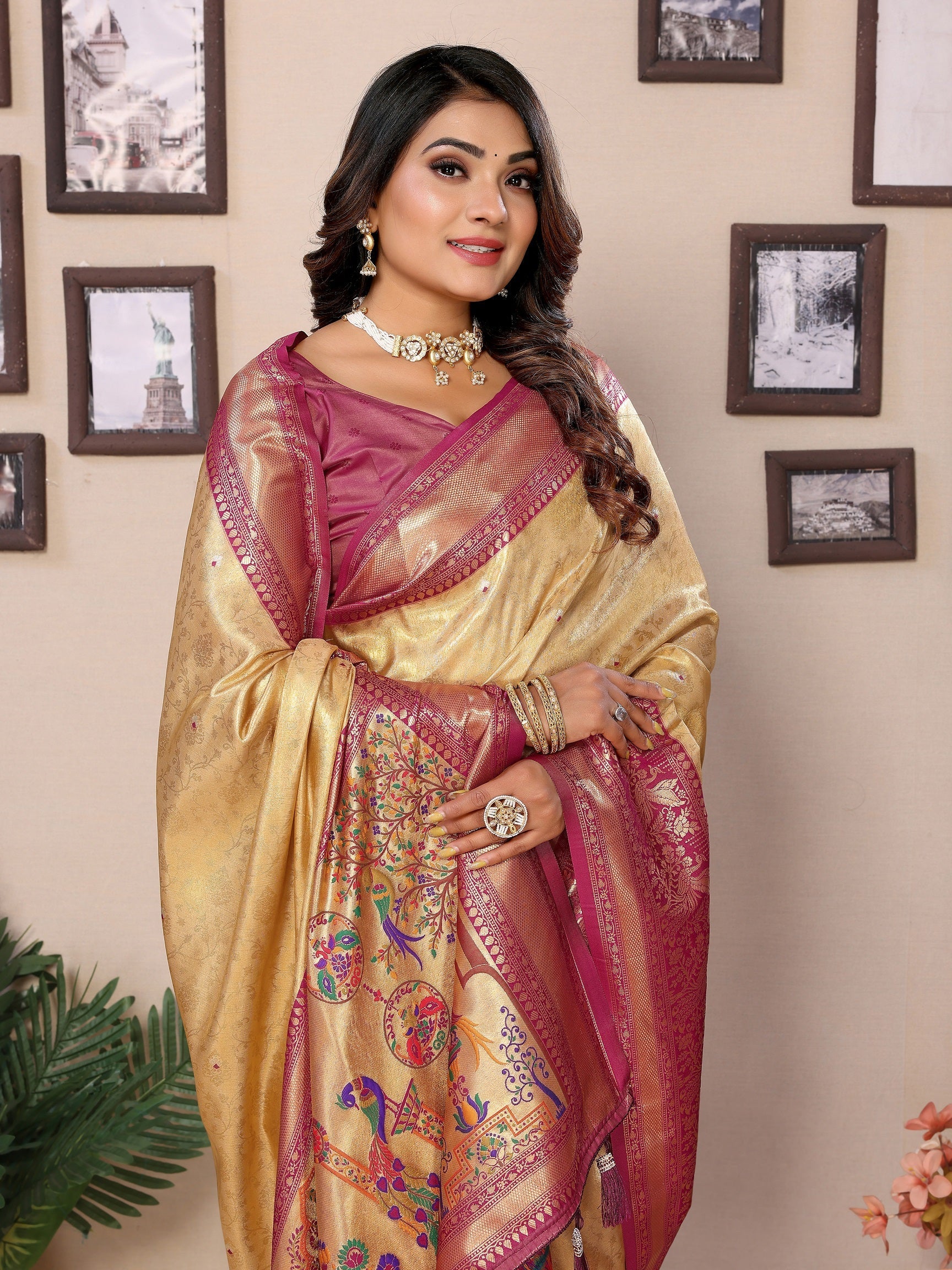 Vedant Vastram Tissue Silk Paithani Silk Saree - Beige