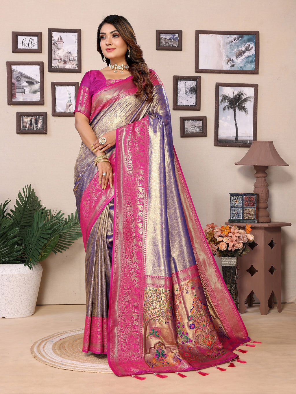 Vedant Vastram Tissue Silk Paithani Silk Saree - Blue
