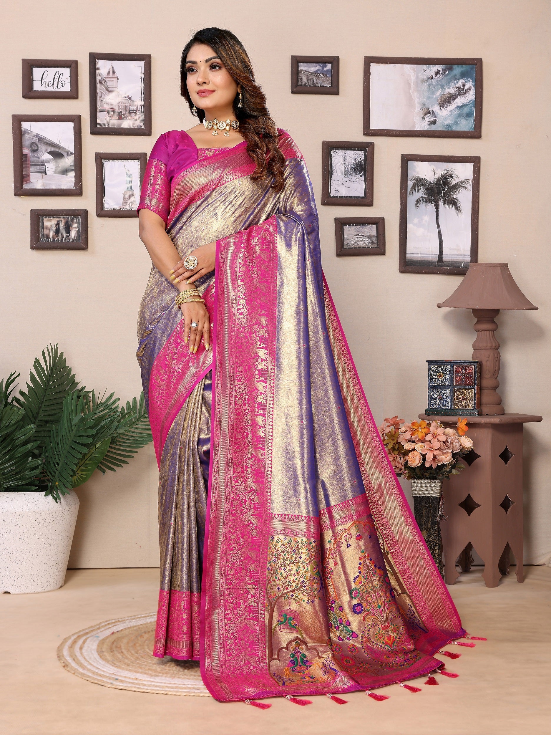 Vedant Vastram Tissue Silk Paithani Silk Saree - Blue