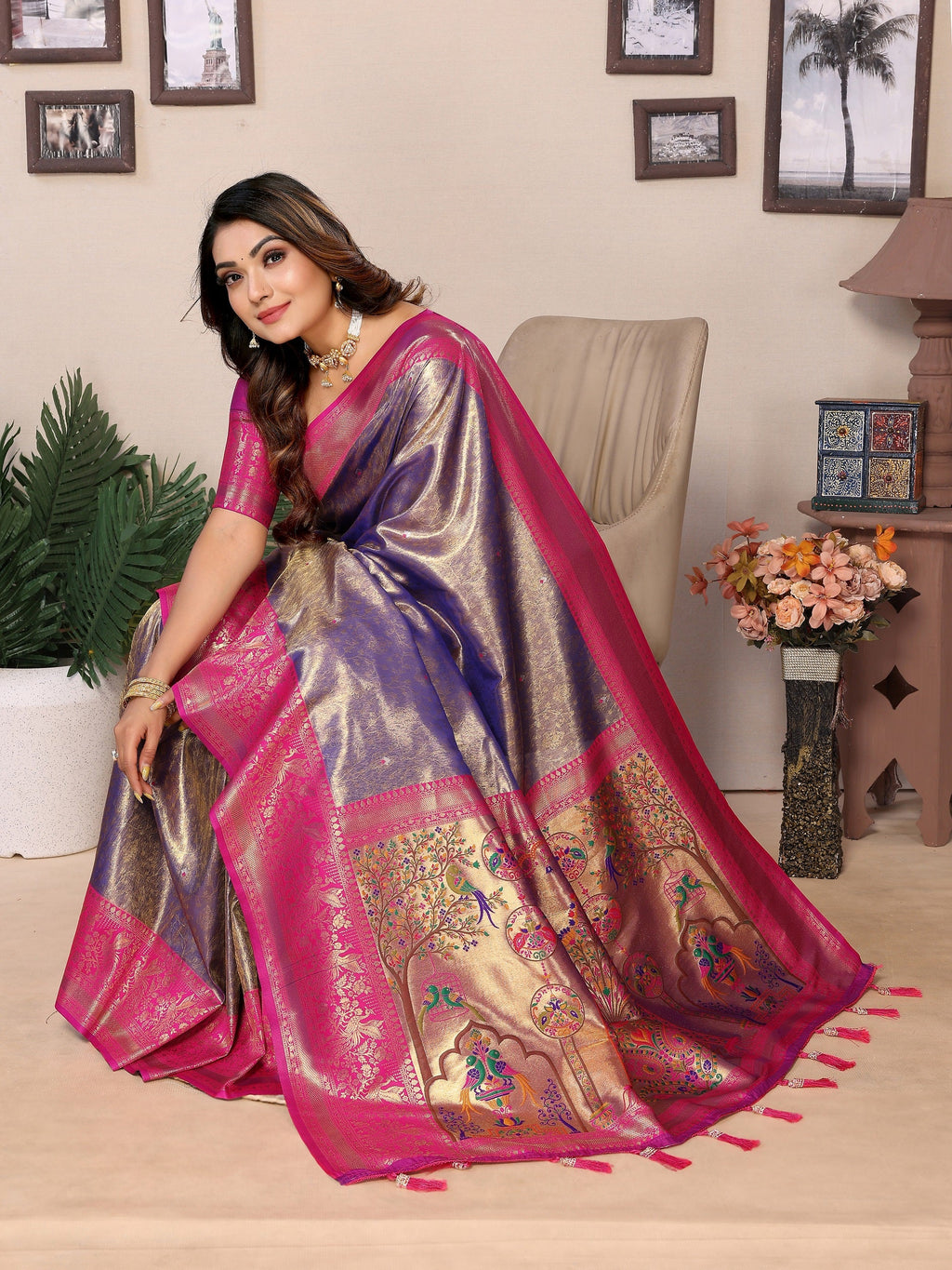Vedant Vastram Tissue Silk Paithani Silk Saree - Blue