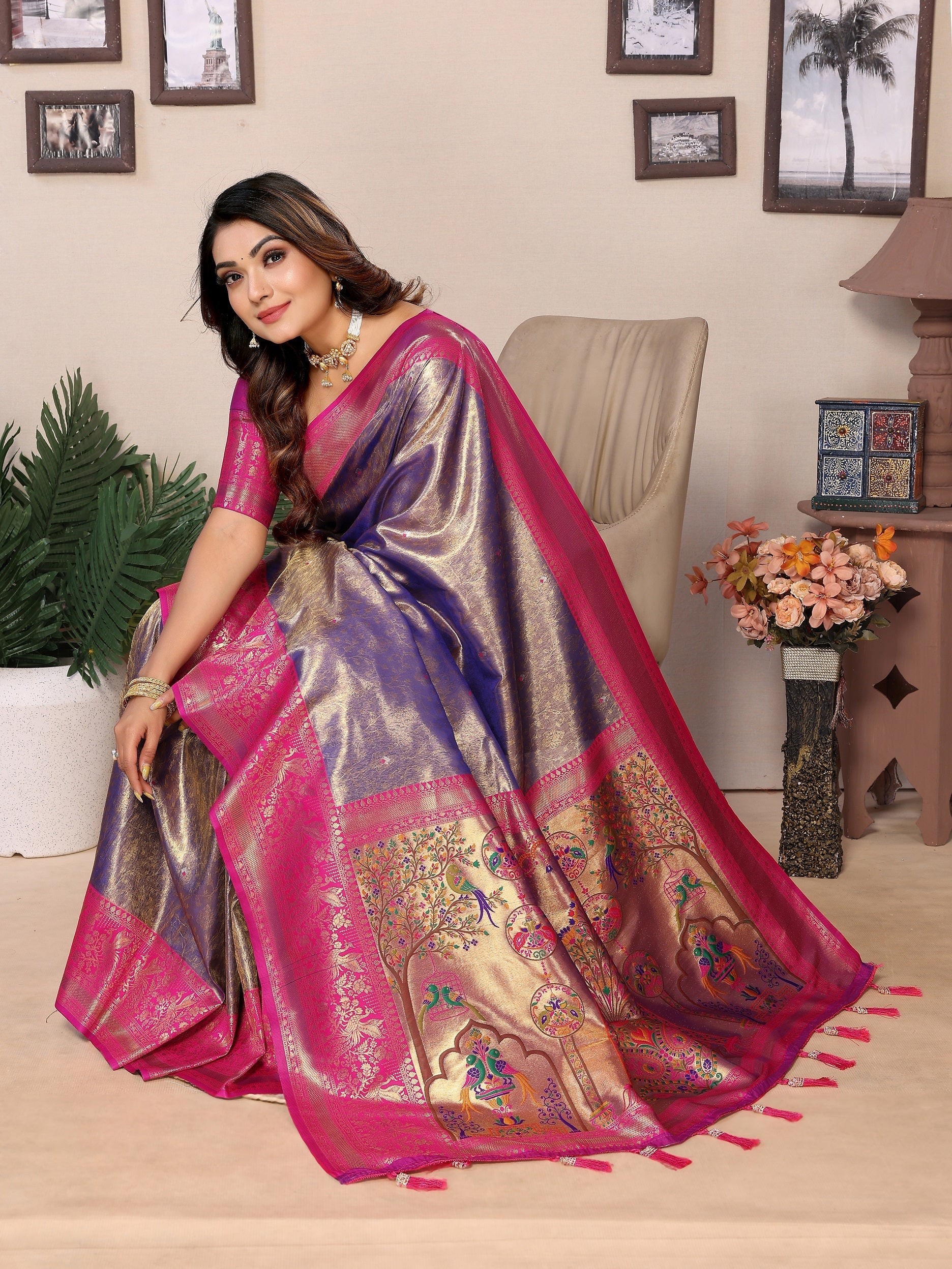 Vedant Vastram Tissue Silk Paithani Silk Saree - Blue