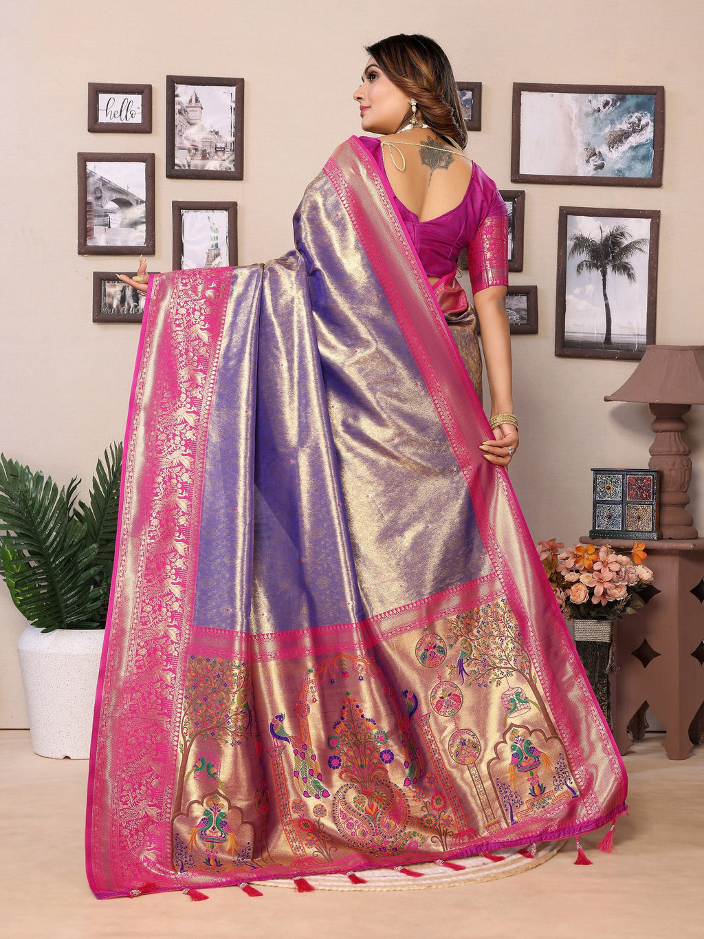 Vedant Vastram Tissue Silk Paithani Silk Saree - Blue