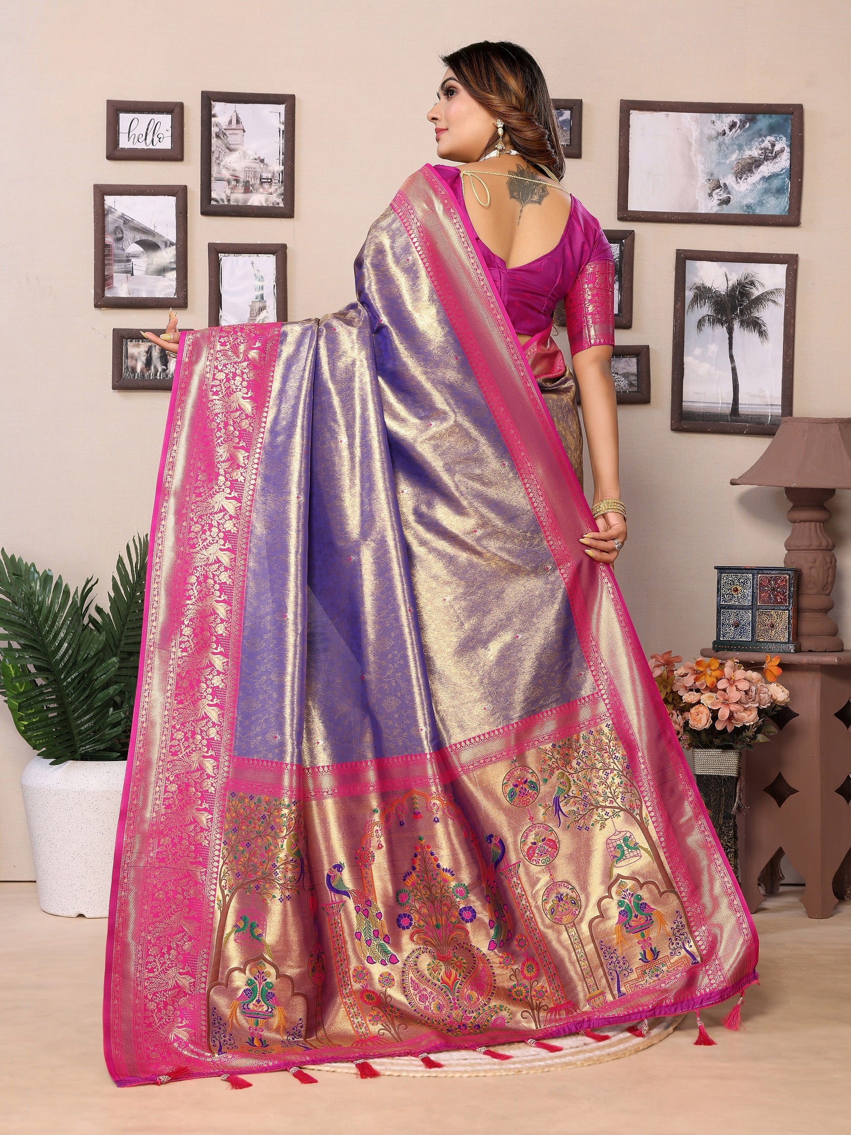 Vedant Vastram Tissue Silk Paithani Silk Saree - Blue