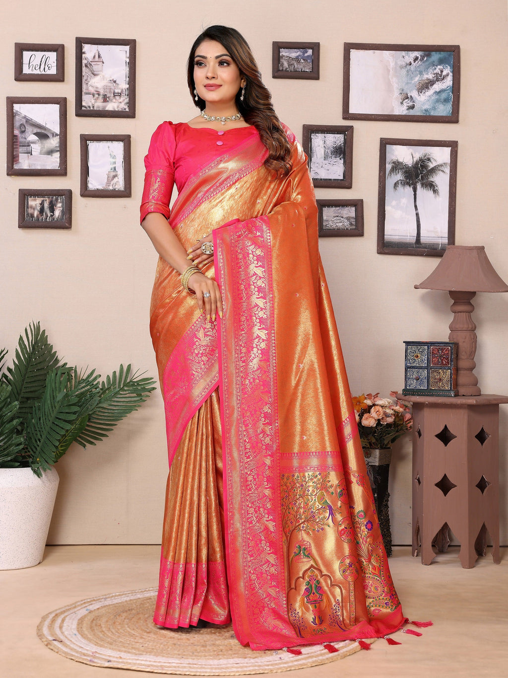 Vedant Vastram Tissue Silk Paithani Silk Saree - Orange