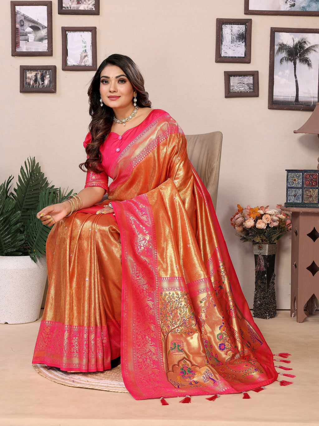 Vedant Vastram Tissue Silk Paithani Silk Saree - Orange