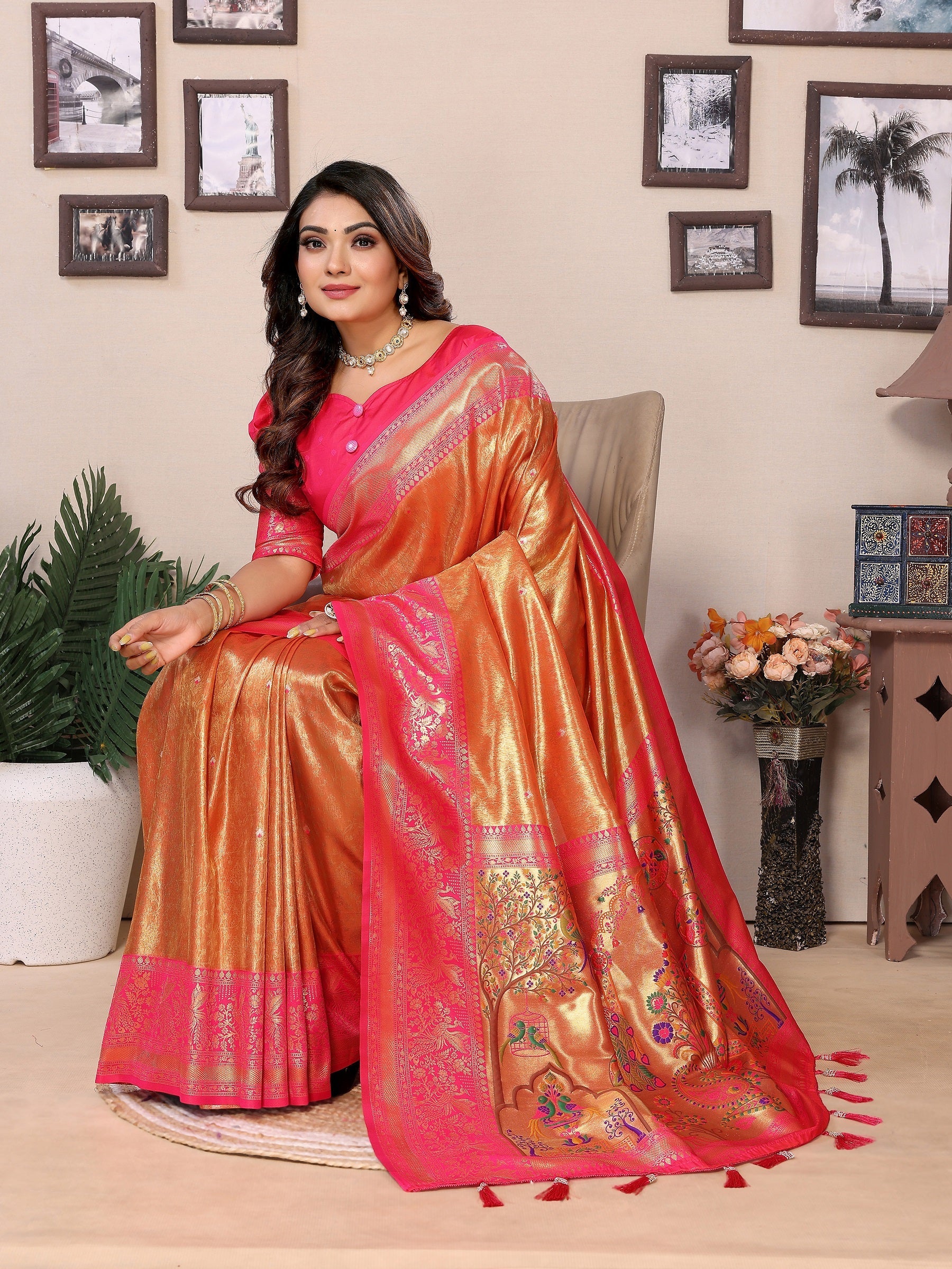 Vedant Vastram Tissue Silk Paithani Silk Saree - Orange