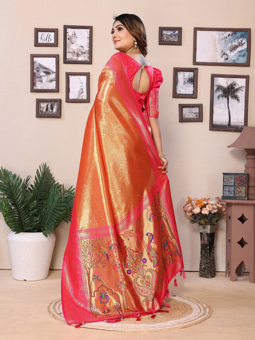 Vedant Vastram Tissue Silk Paithani Silk Saree - Orange