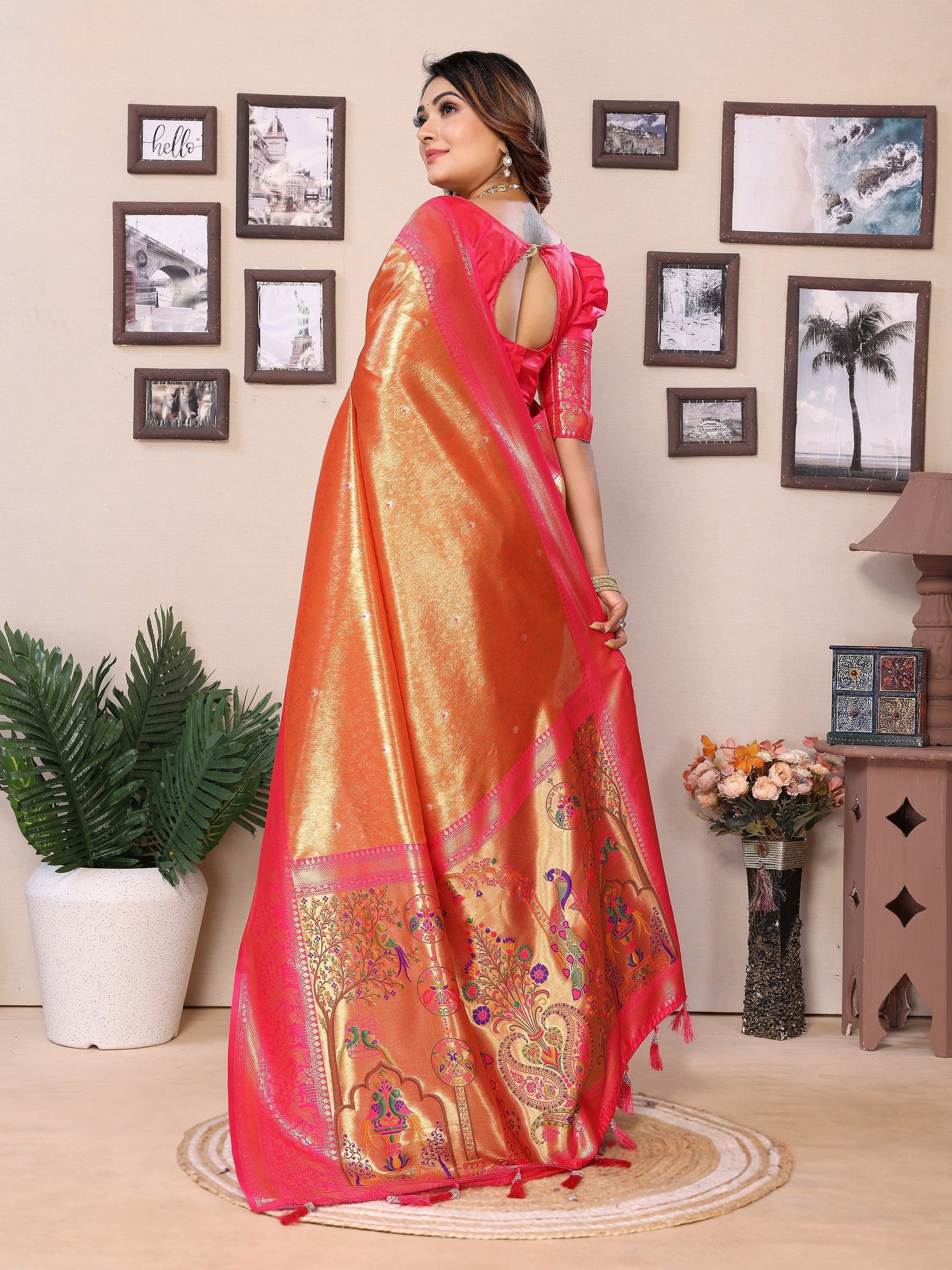 Vedant Vastram Tissue Silk Paithani Silk Saree - Orange