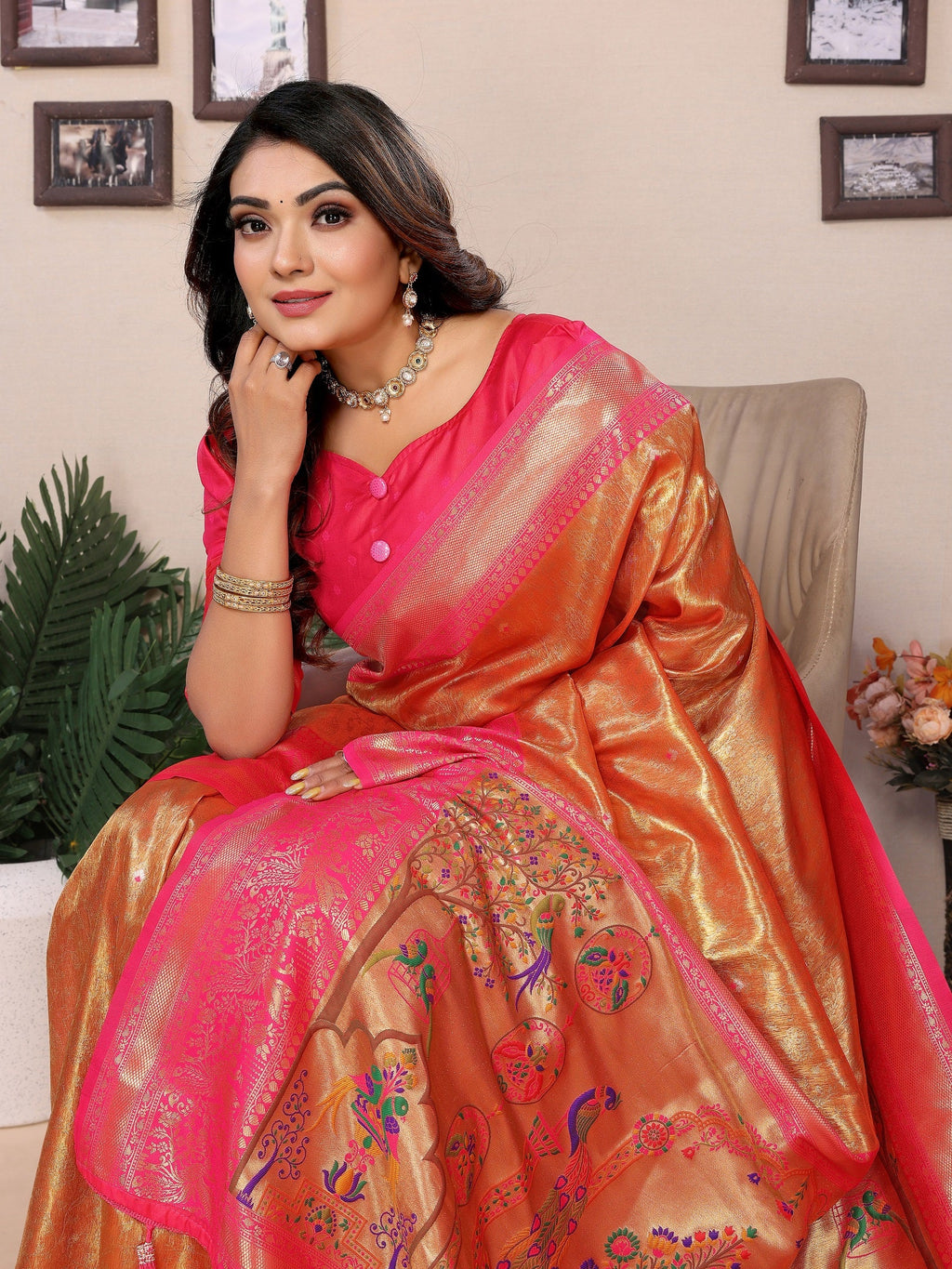 Vedant Vastram Tissue Silk Paithani Silk Saree - Orange