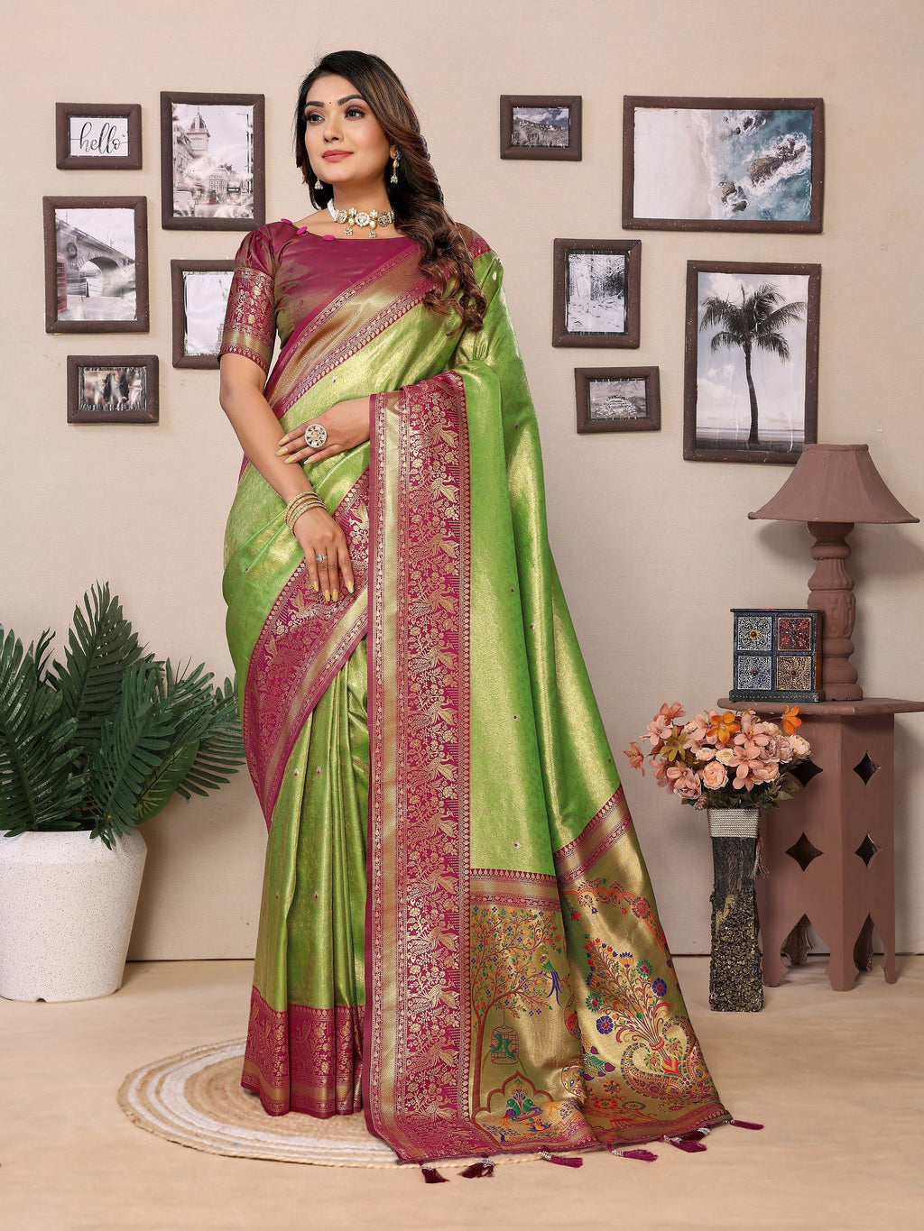 Vedant Vastram Tissue Silk Paithani Silk Saree - Parrot