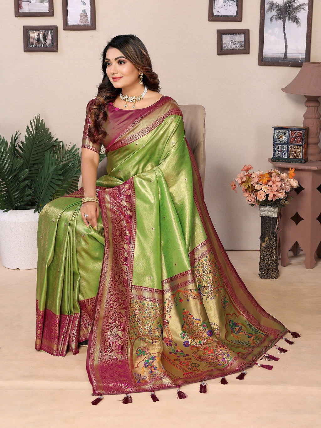 Vedant Vastram Tissue Silk Paithani Silk Saree - Parrot