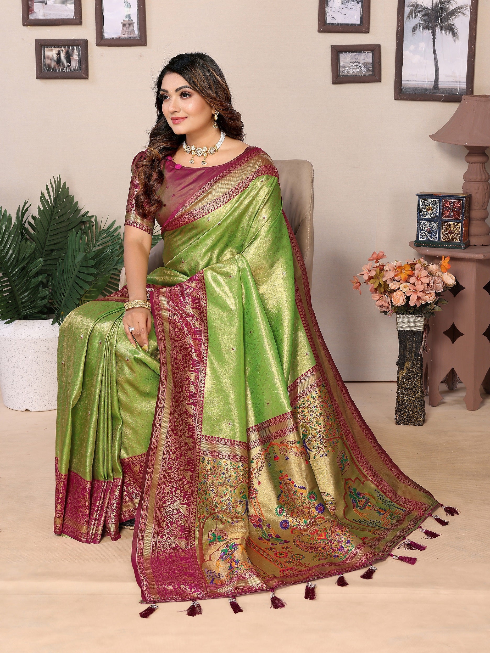 Vedant Vastram Tissue Silk Paithani Silk Saree - Parrot