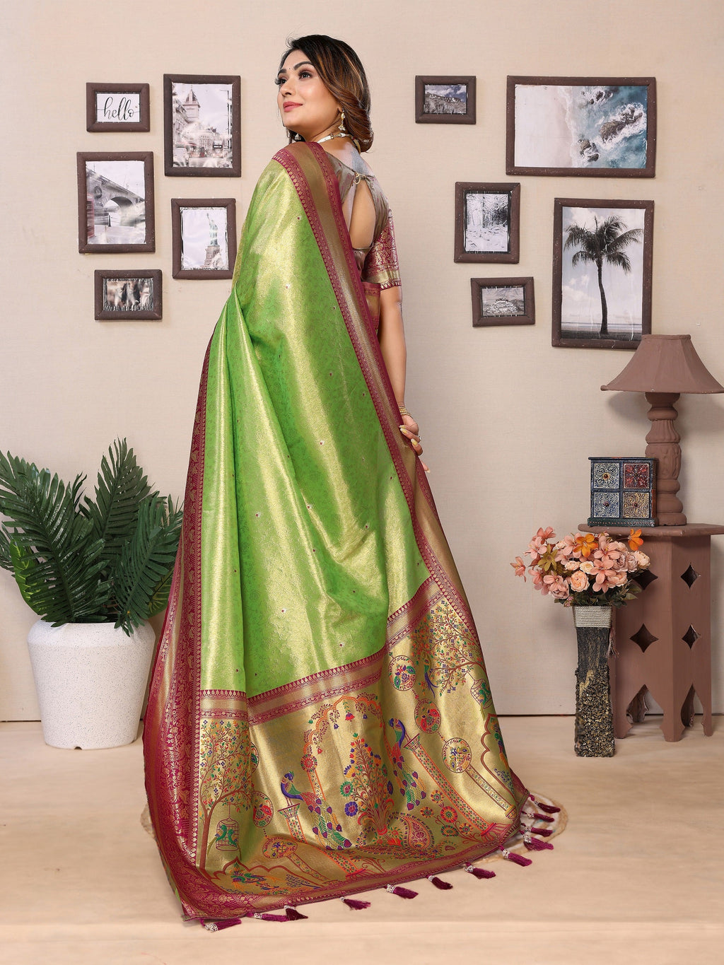 Vedant Vastram Tissue Silk Paithani Silk Saree - Parrot