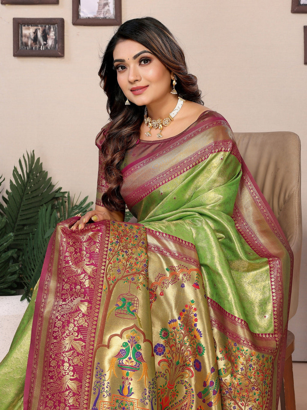 Vedant Vastram Tissue Silk Paithani Silk Saree - Parrot