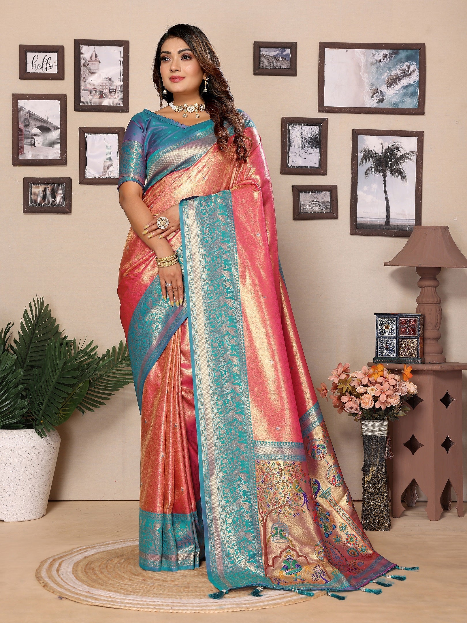 Vedant Vastram Tissue Silk Paithani Silk Saree - Peach