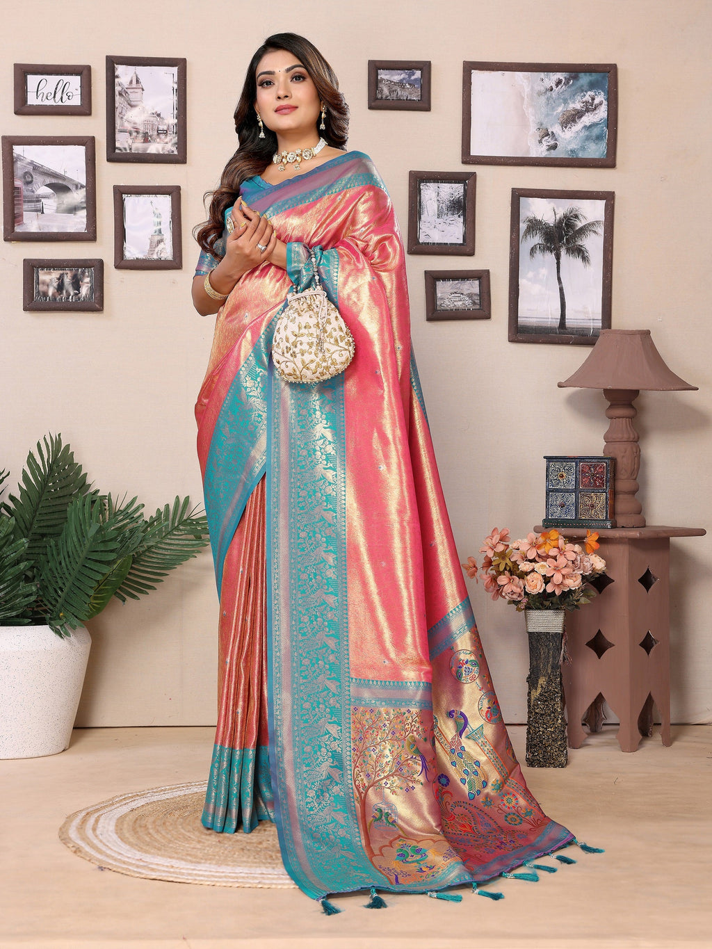 Vedant Vastram Tissue Silk Paithani Silk Saree - Peach
