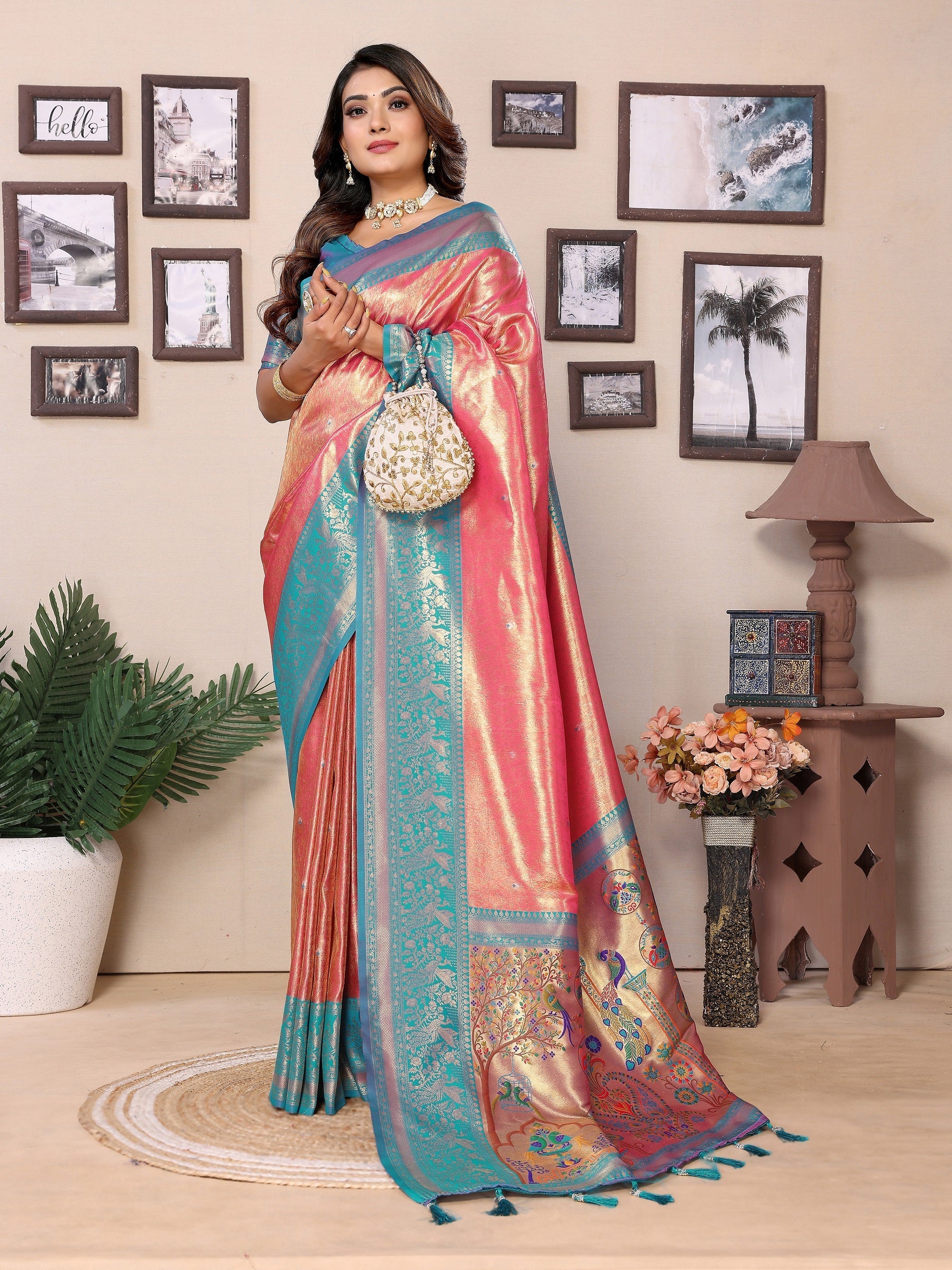 Vedant Vastram Tissue Silk Paithani Silk Saree - Peach