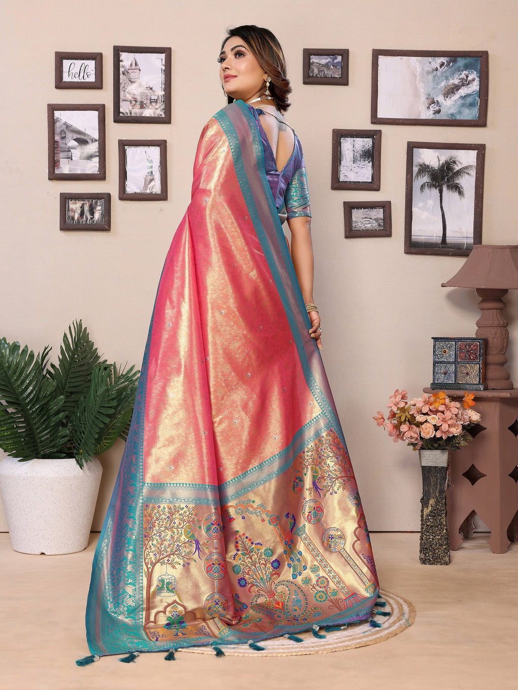 Vedant Vastram Tissue Silk Paithani Silk Saree - Peach