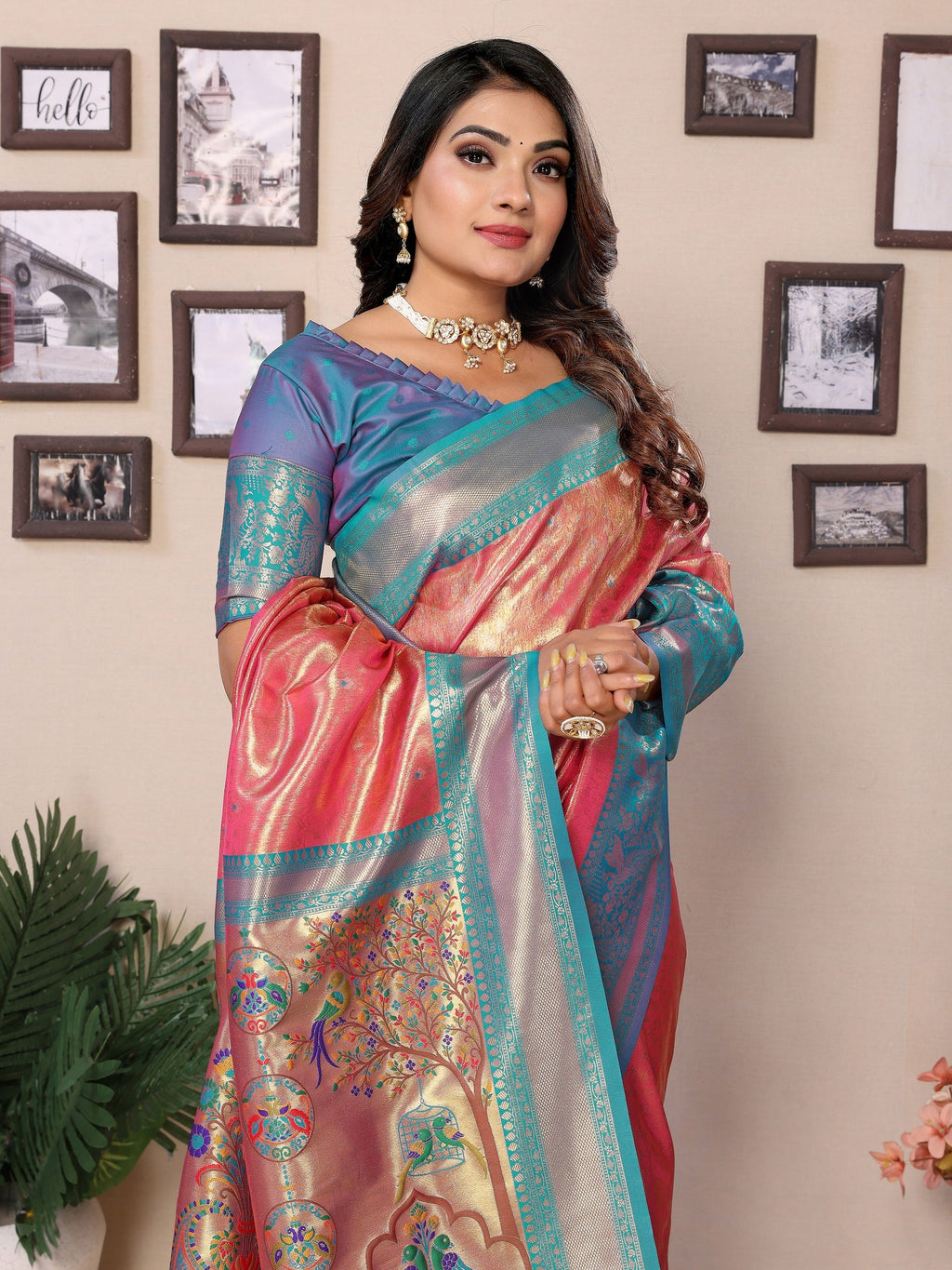 Vedant Vastram Tissue Silk Paithani Silk Saree - Peach