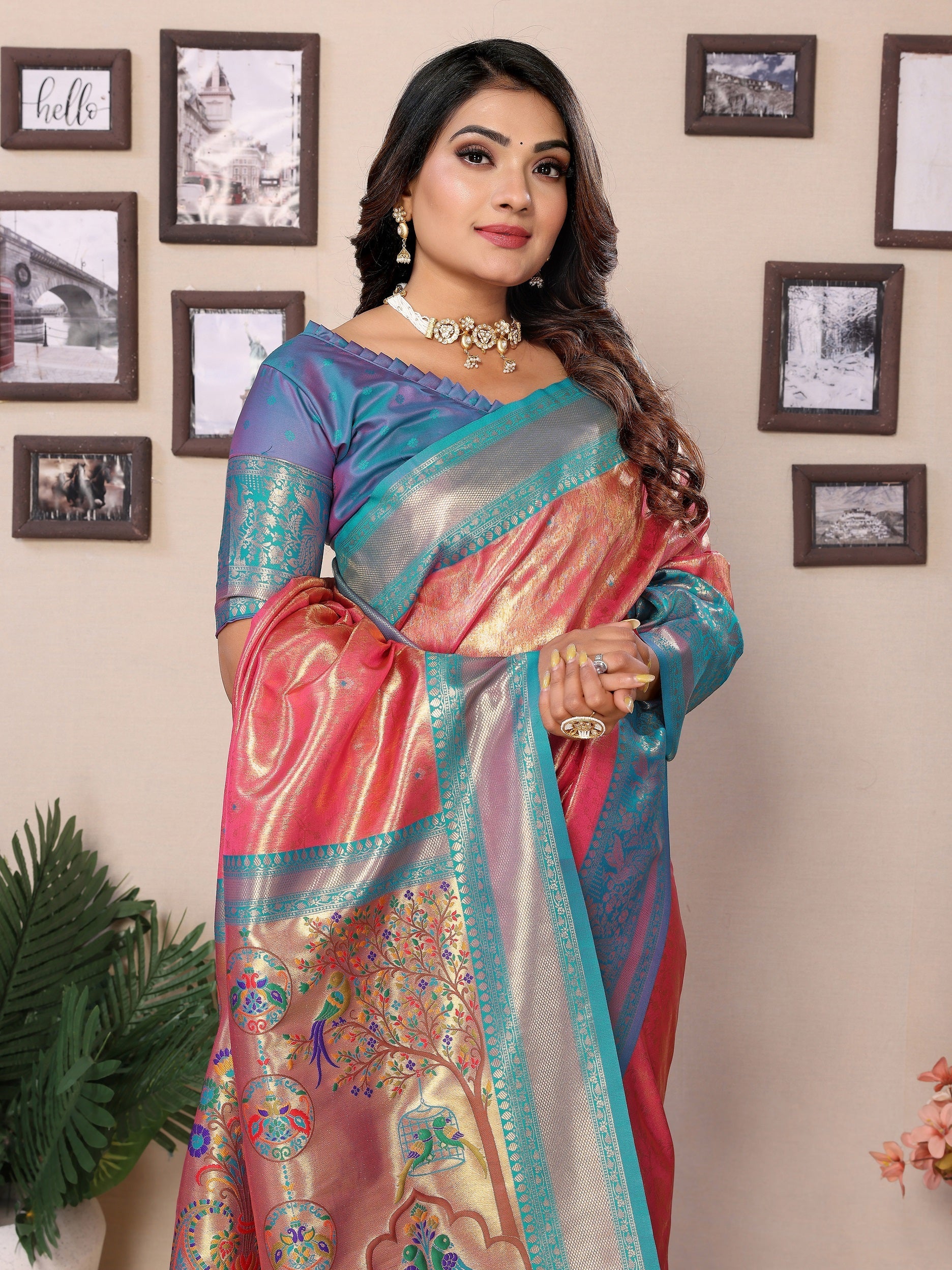 Vedant Vastram Tissue Silk Paithani Silk Saree - Peach