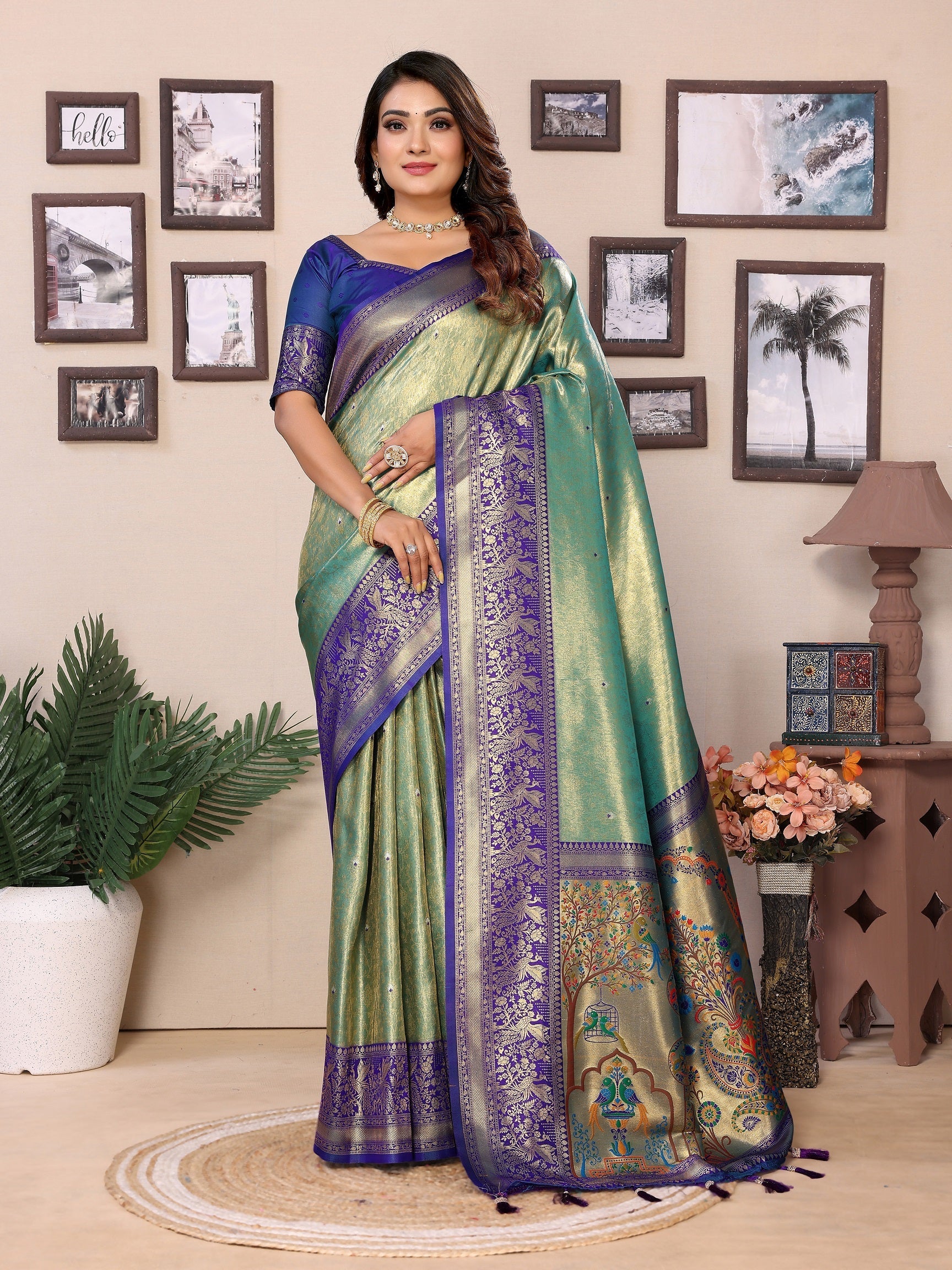 Vedant Vastram Tissue Silk Paithani Silk Saree - Pista