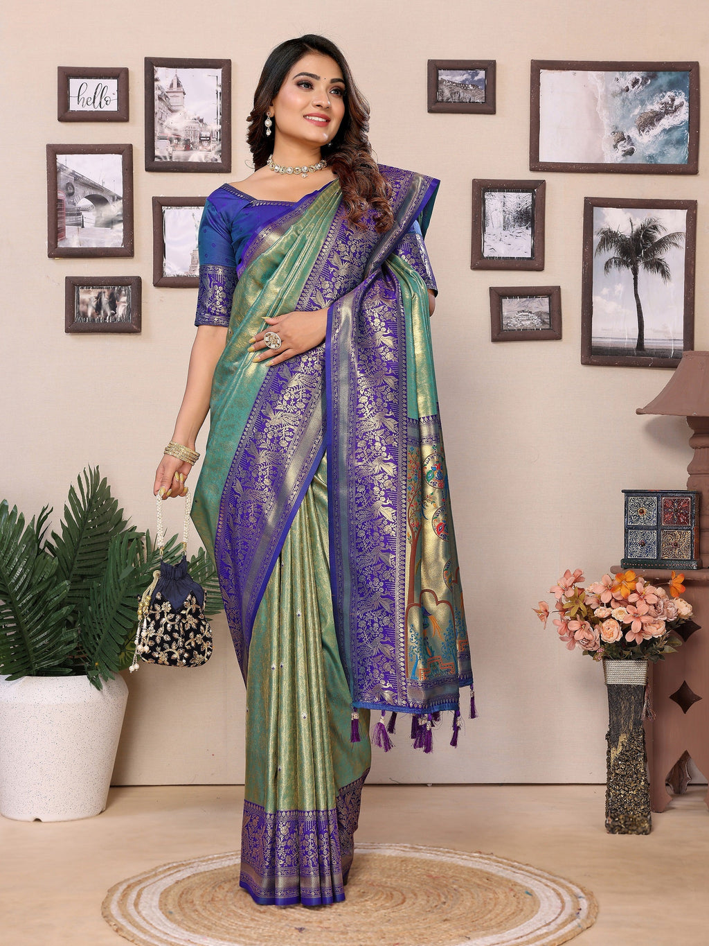Vedant Vastram Tissue Silk Paithani Silk Saree - Pista