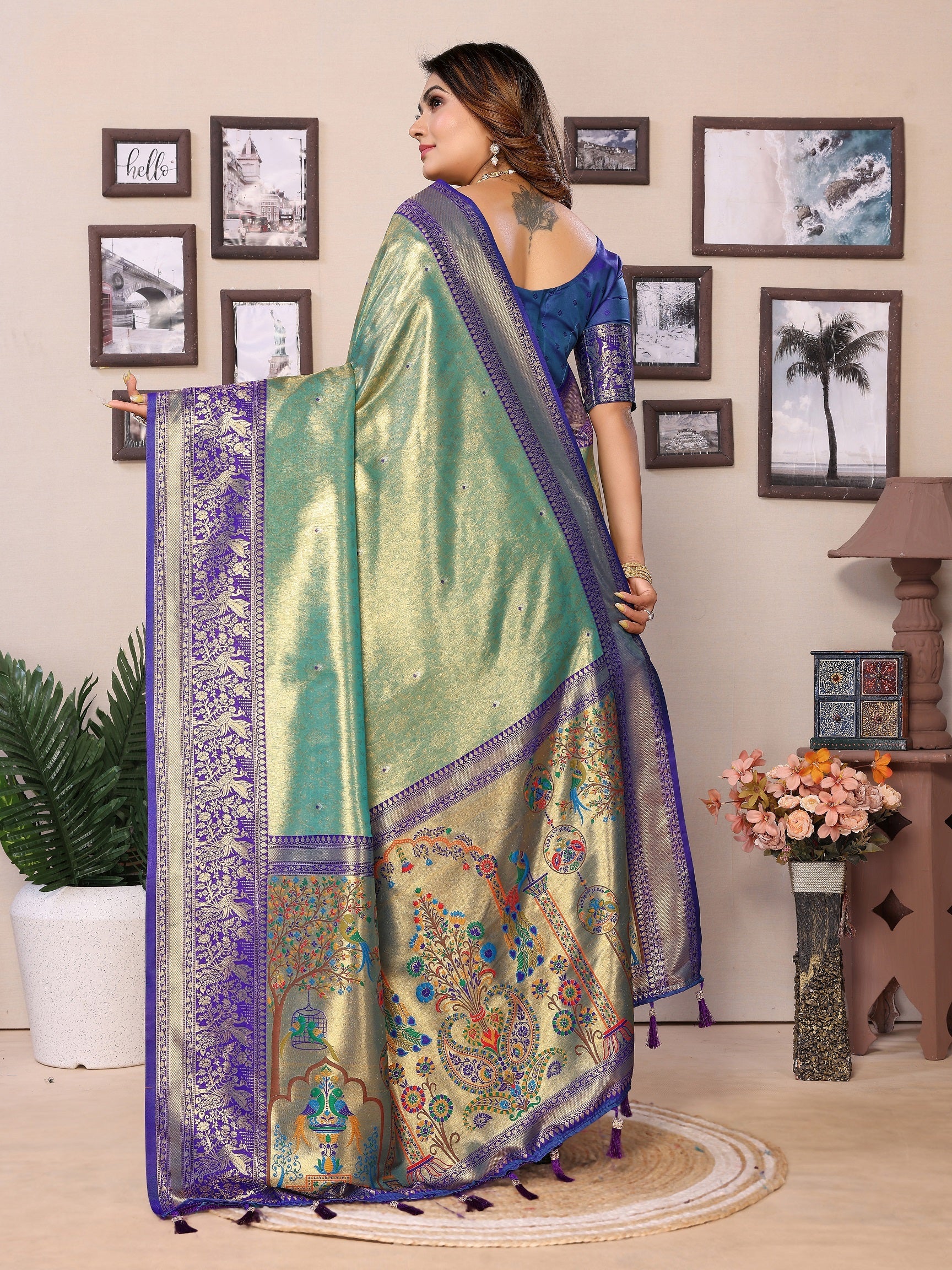 Vedant Vastram Tissue Silk Paithani Silk Saree - Pista