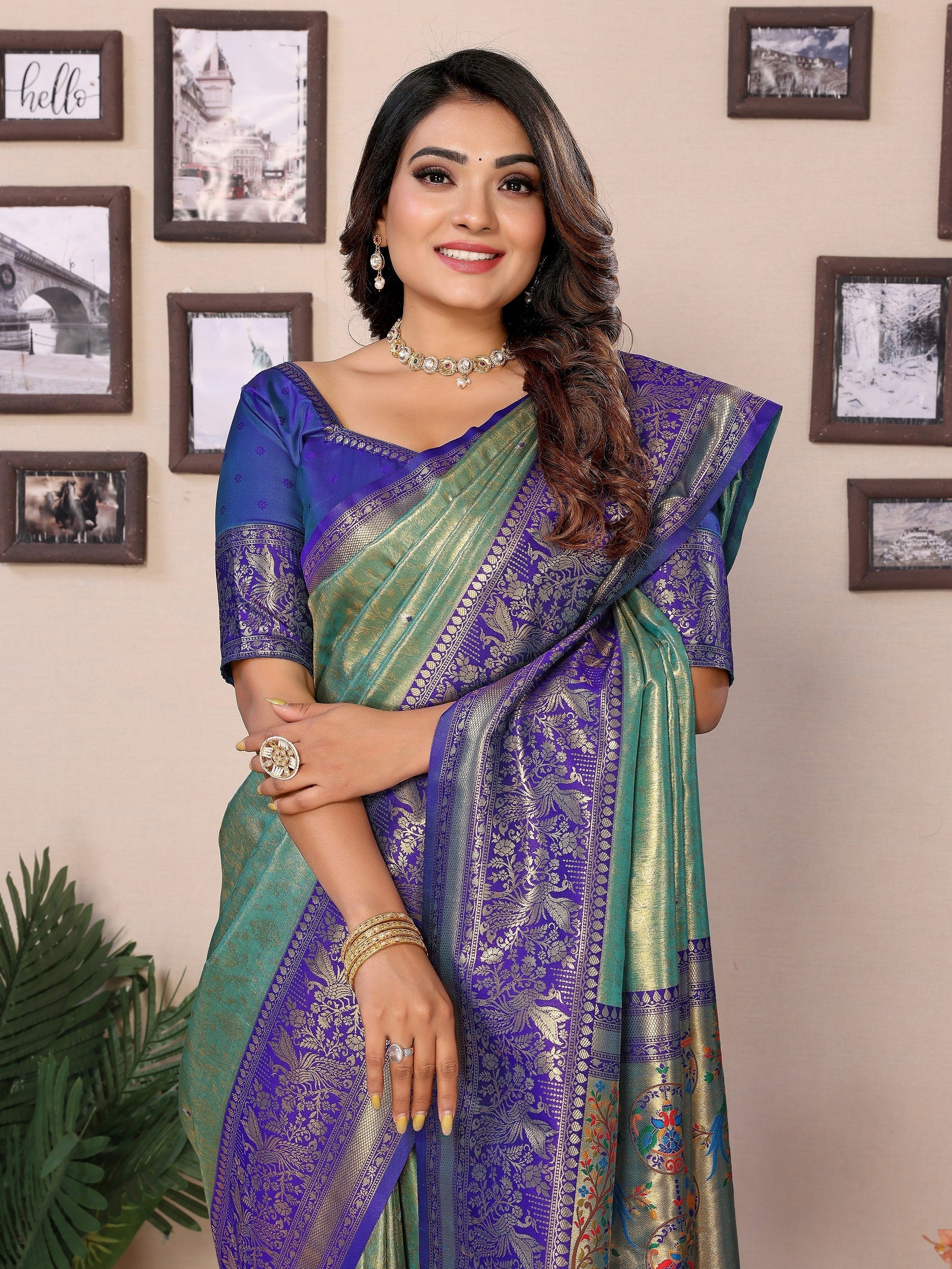 Vedant Vastram Tissue Silk Paithani Silk Saree - Pista