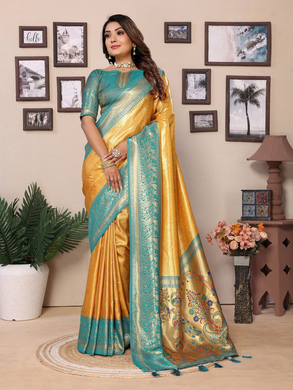 Vedant Vastram Tissue Silk Paithani Silk Saree - Yellow