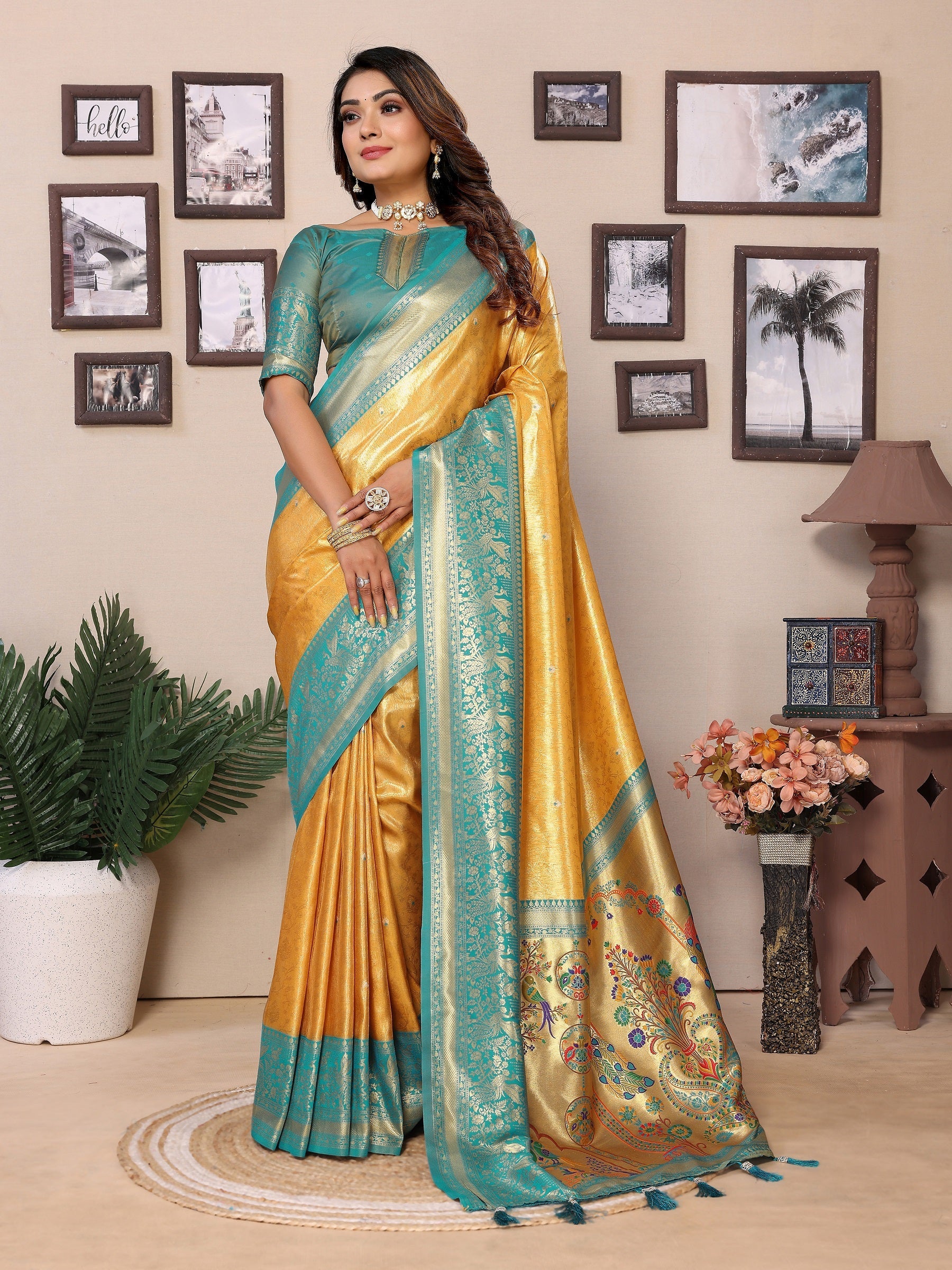 Vedant Vastram Tissue Silk Paithani Silk Saree - Yellow