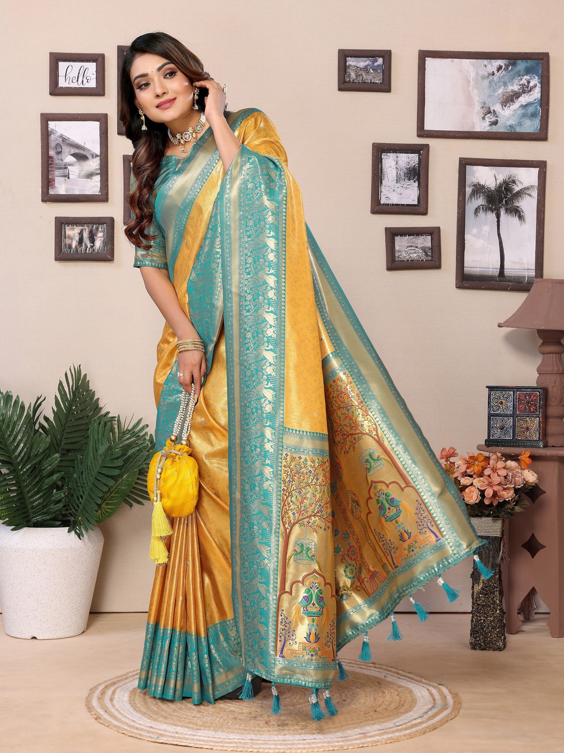 Vedant Vastram Tissue Silk Paithani Silk Saree - Yellow