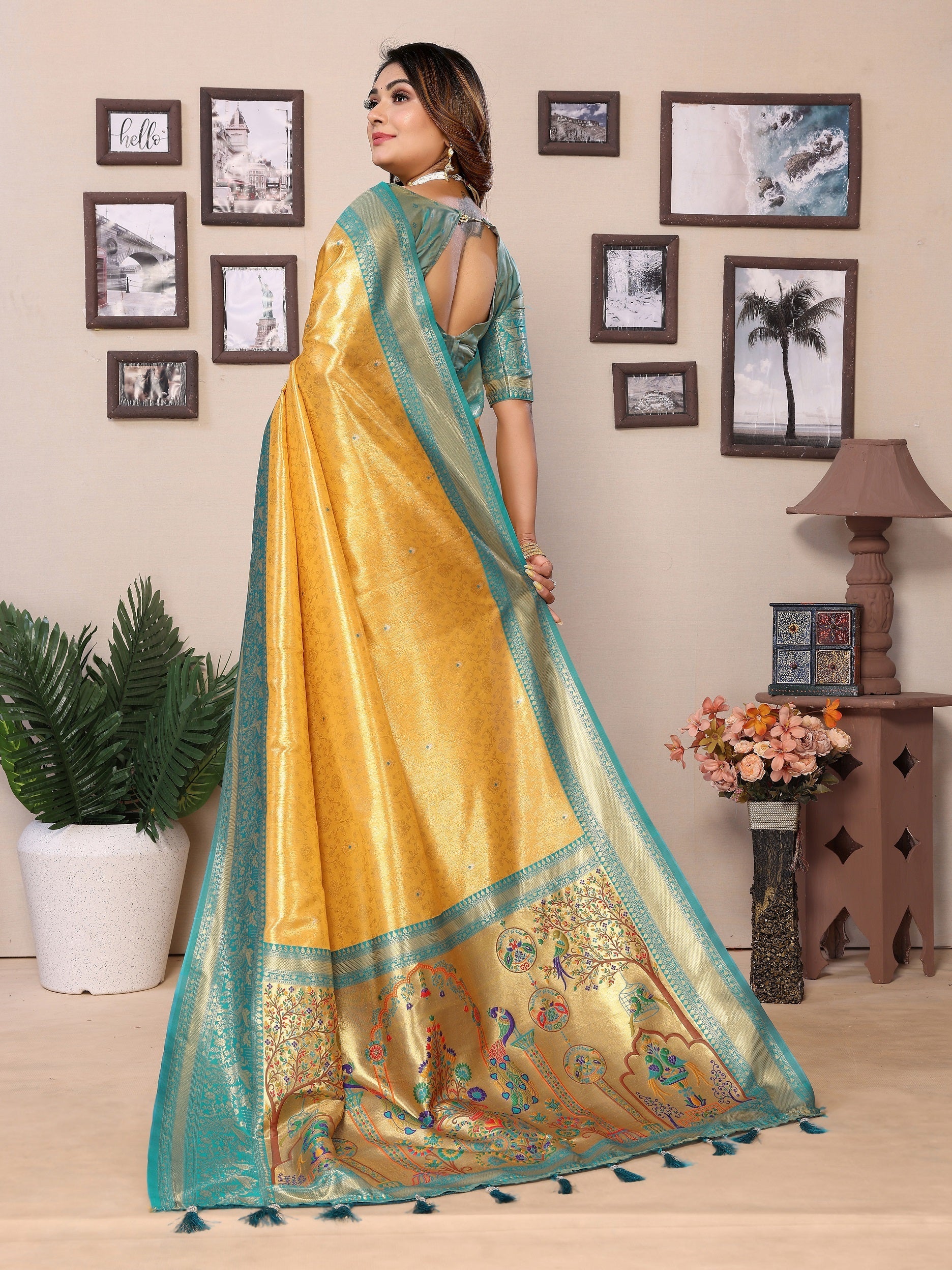 Vedant Vastram Tissue Silk Paithani Silk Saree - Yellow