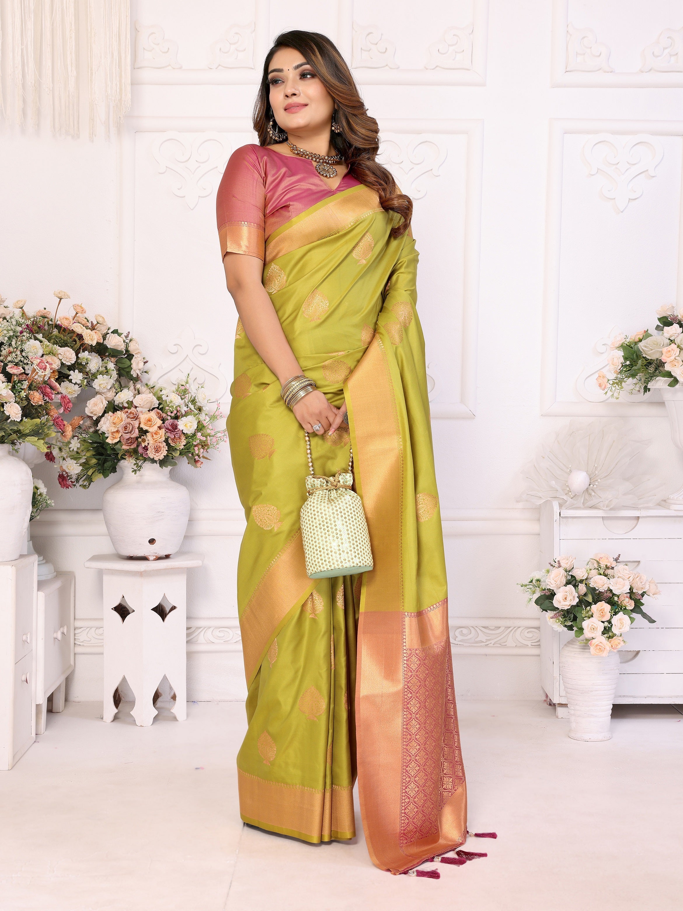 Vedant Vastram Soft Litchi Silk Banarasi Silk Saree - Olive