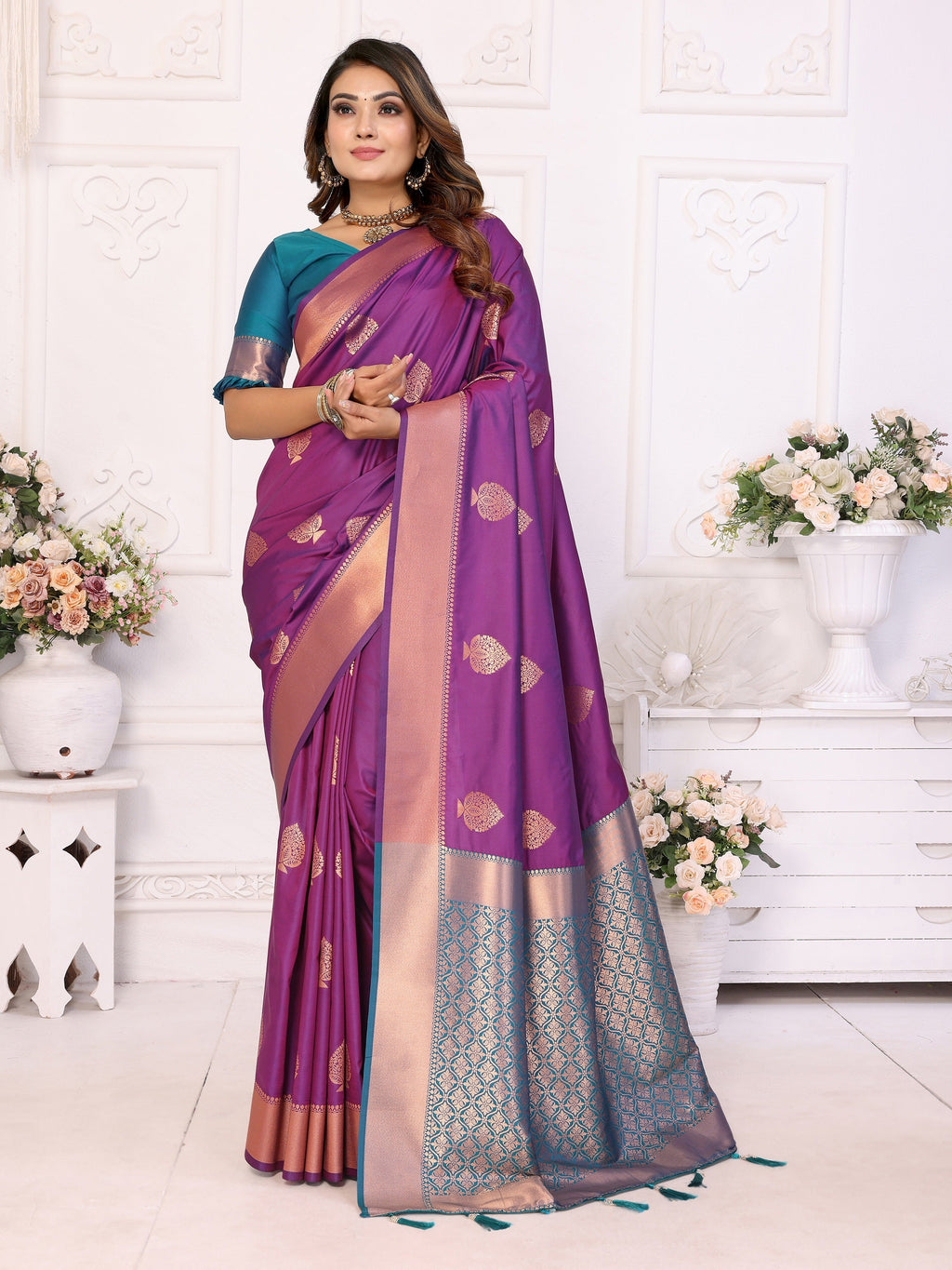 Vedant Vastram Soft Litchi Silk Banarasi Silk Saree - Purple
