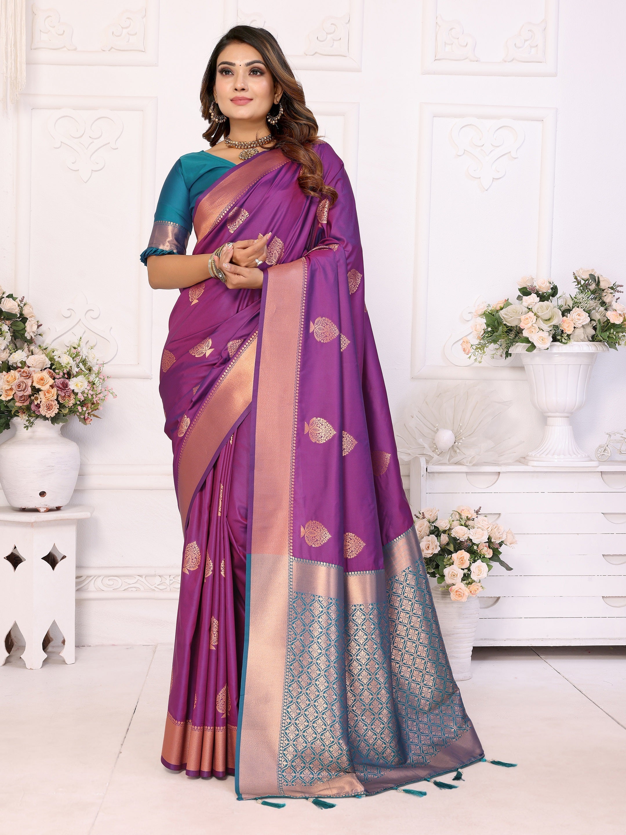 Vedant Vastram Soft Litchi Silk Banarasi Silk Saree - Purple
